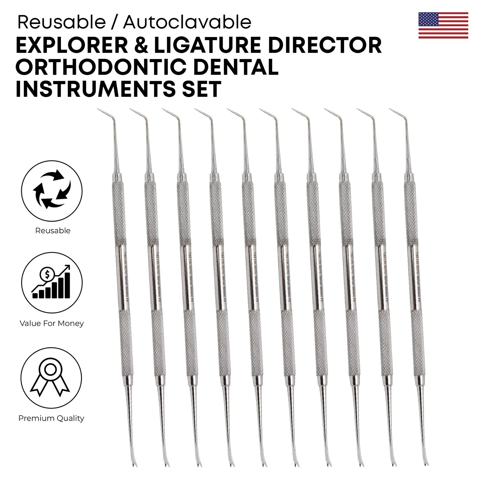 Explorer & Ligature Director Orthodontic Dental Instruments German Grade 10 Pcs