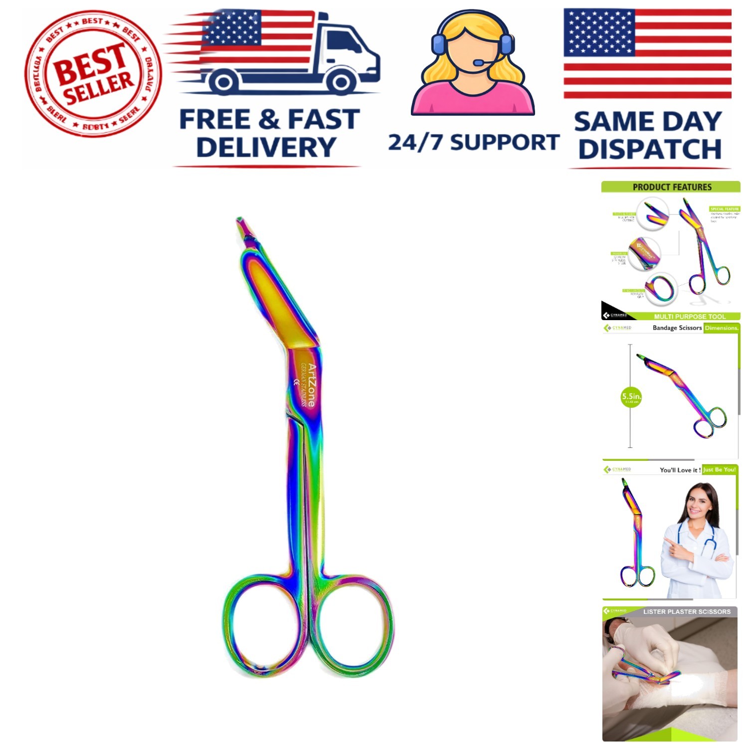 Artzone 5.5-Inch Rainbow Titanium Bandage Scissors – Medical-Grade Safety Shears