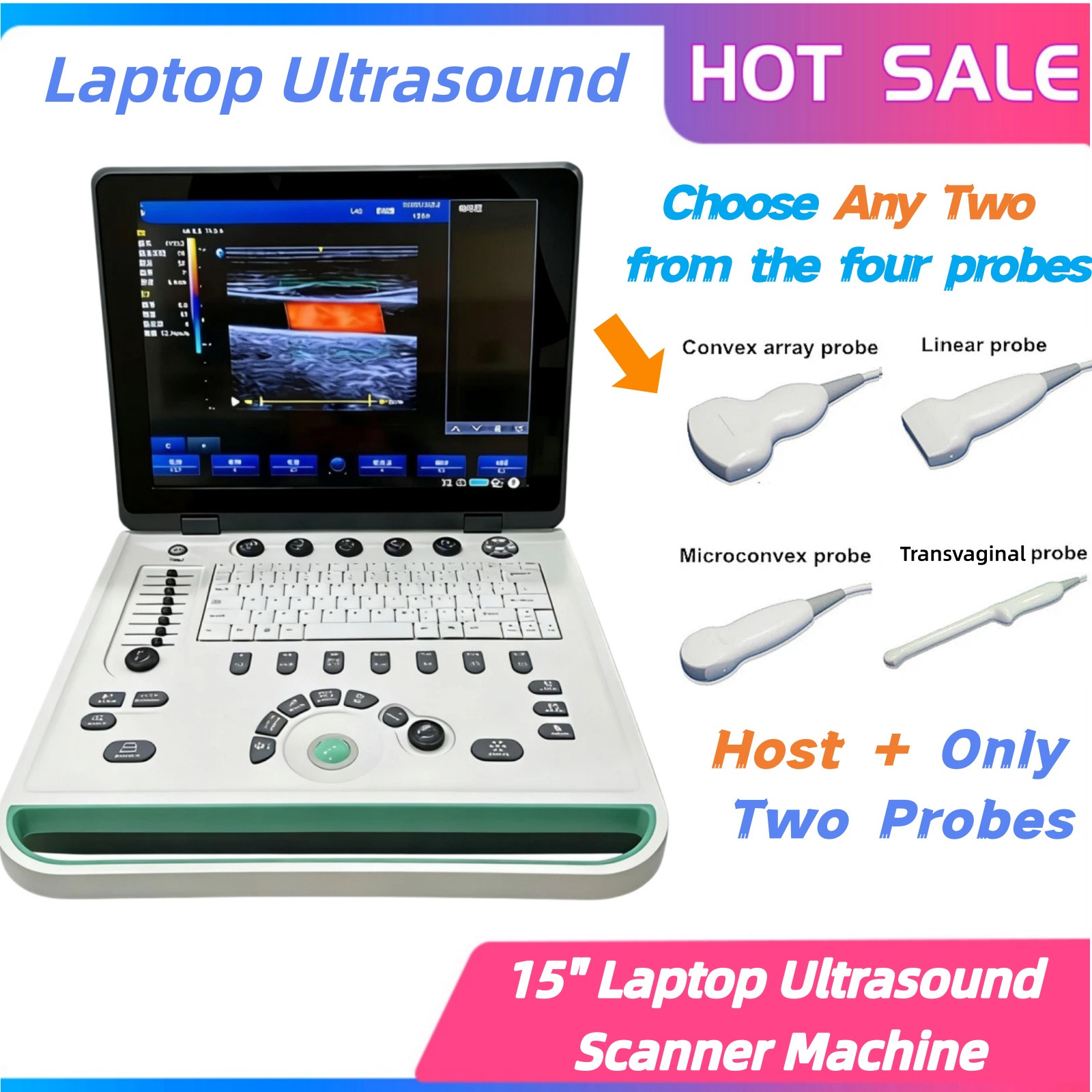 New 15 inch portable Laptop ultrasound Color Doppler machine with two probes