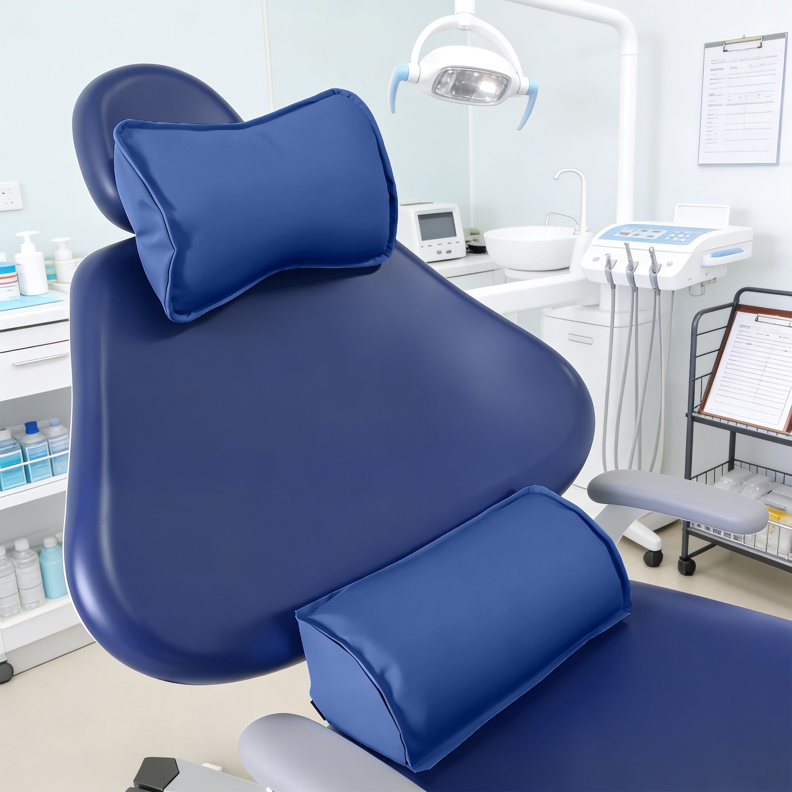 Dental Chair Neck Pillow Lumbar Cushion Memory Foam Microfiber Leather Dark Blue