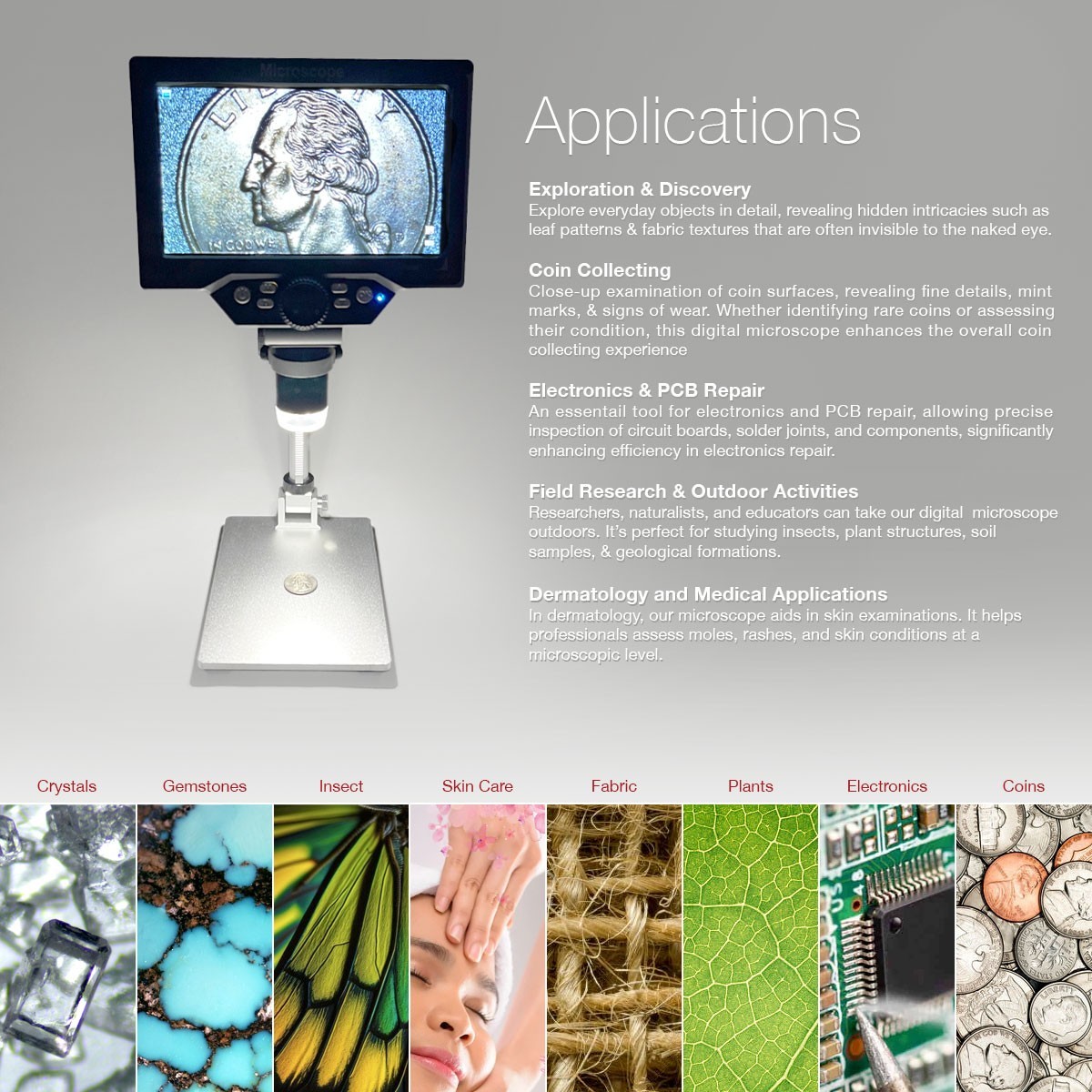 1-1200X LED Digital Microscope, HD 7 inch LCD Screen, 12 MP for Coin, Soldering