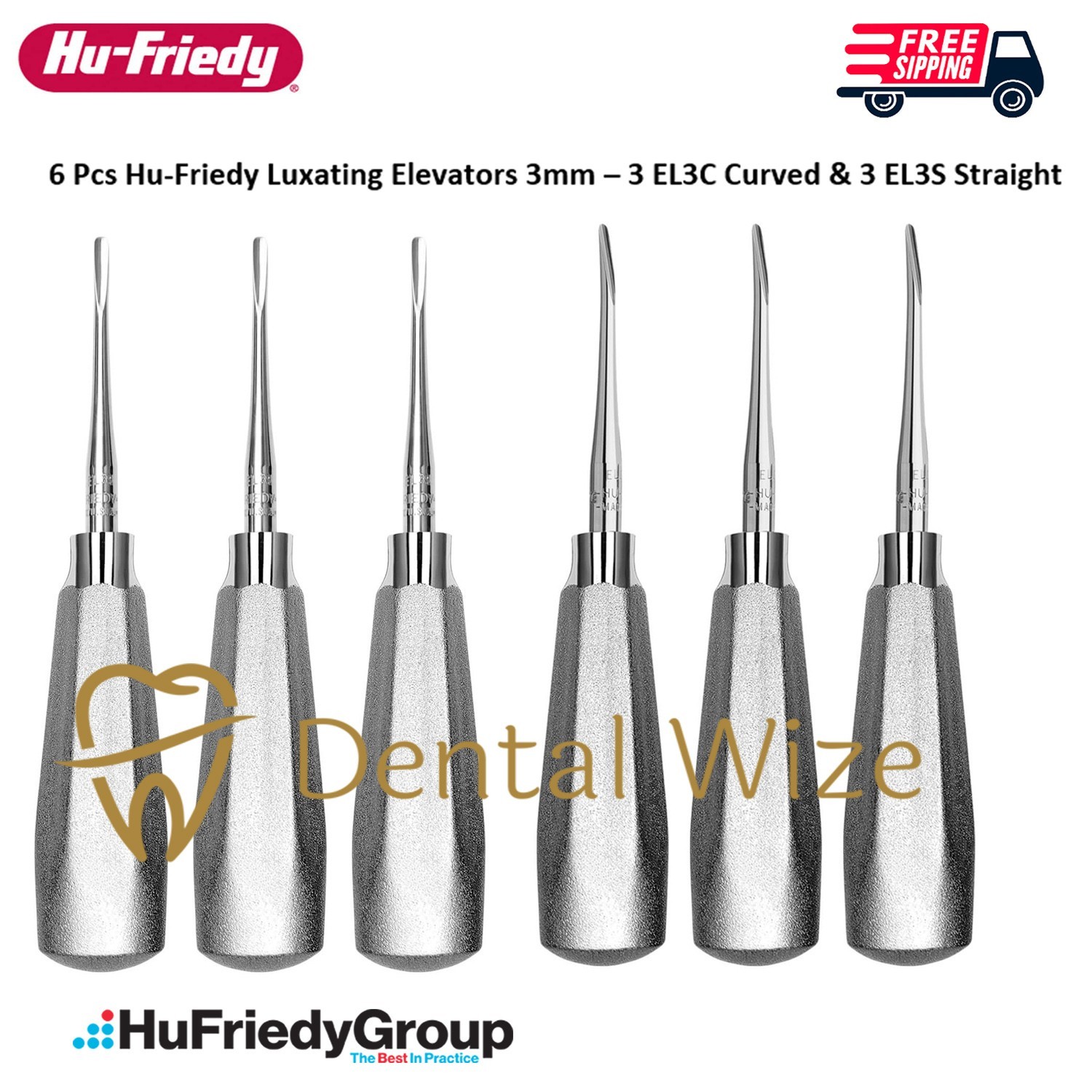 6 Pcs Hu-Friedy Luxating Elevators 3mm – 3 EL3C Curved & 3 EL3S Straight