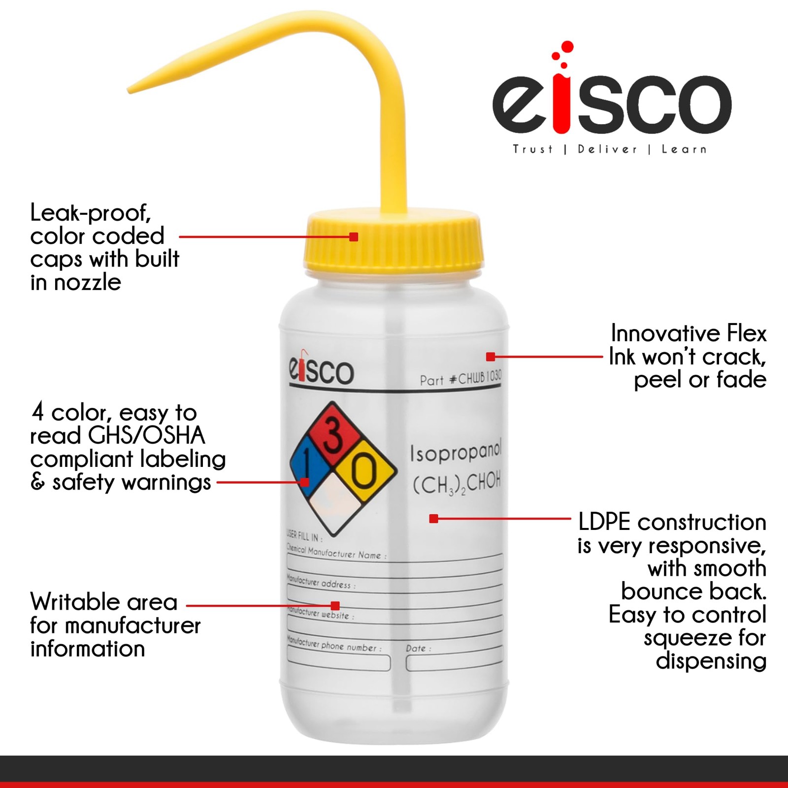 EISCO Wash Bottle for Isopropanol, 500ml – Labeled with 16.9 Ounces, 4 Color