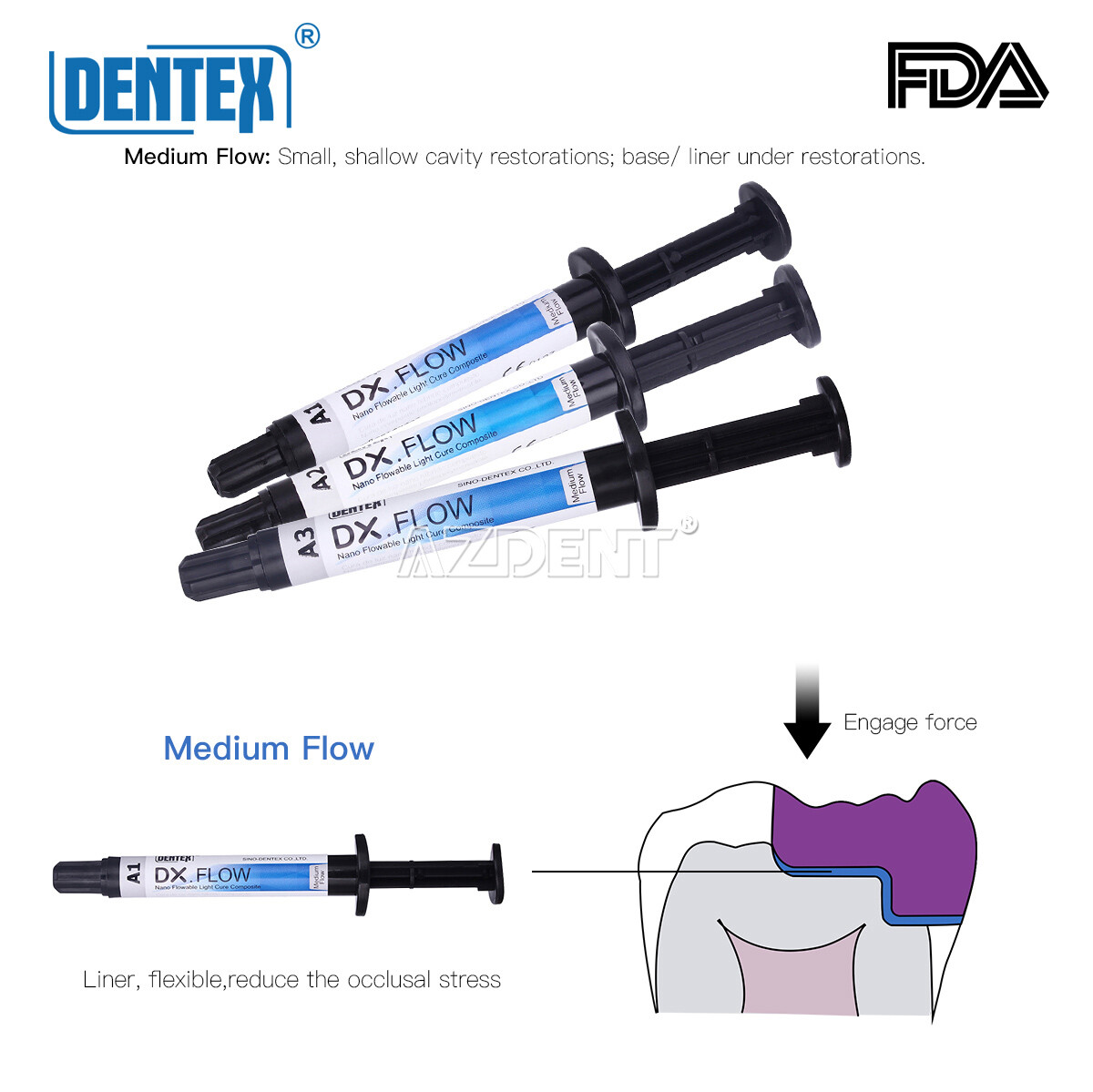 DX Dental Light Cure Composite Resin Flowable Medium Flow A1 A2 A3 3g/Syringe