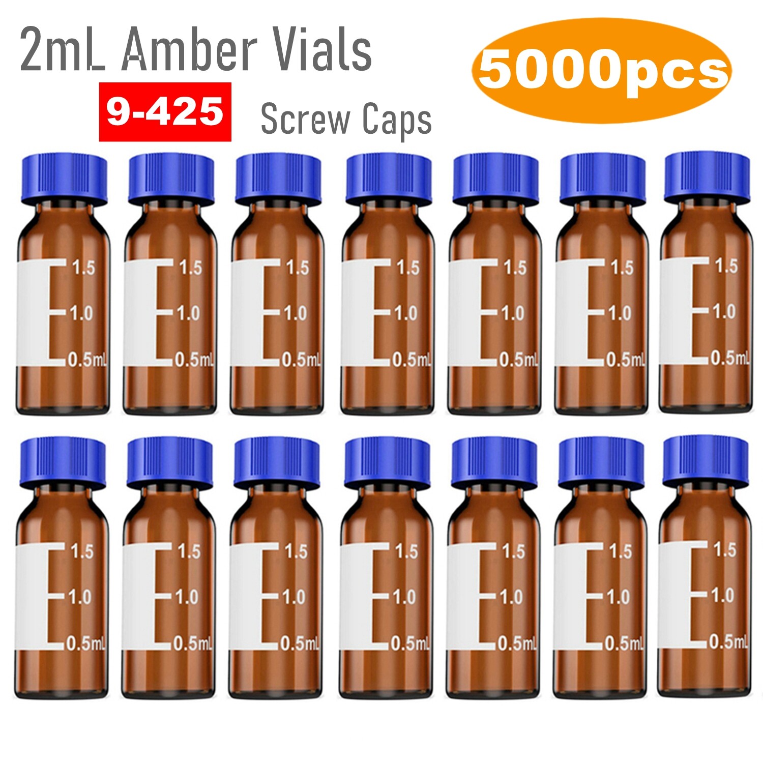 5000 Pack 2ml Autosampler Vials +Screw Caps Amber Glass Bottle 9-425 for Agilent