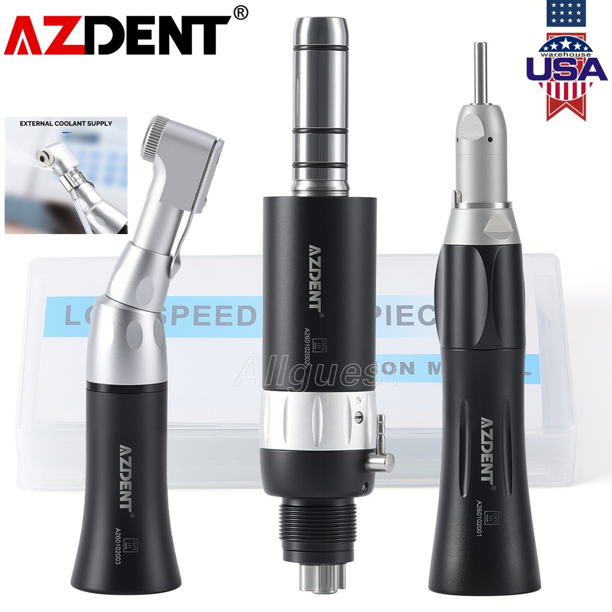 AZDENT Dental Slow Low Speed Handpiece Straight Contra Angle Air Motor Kit 4Hole