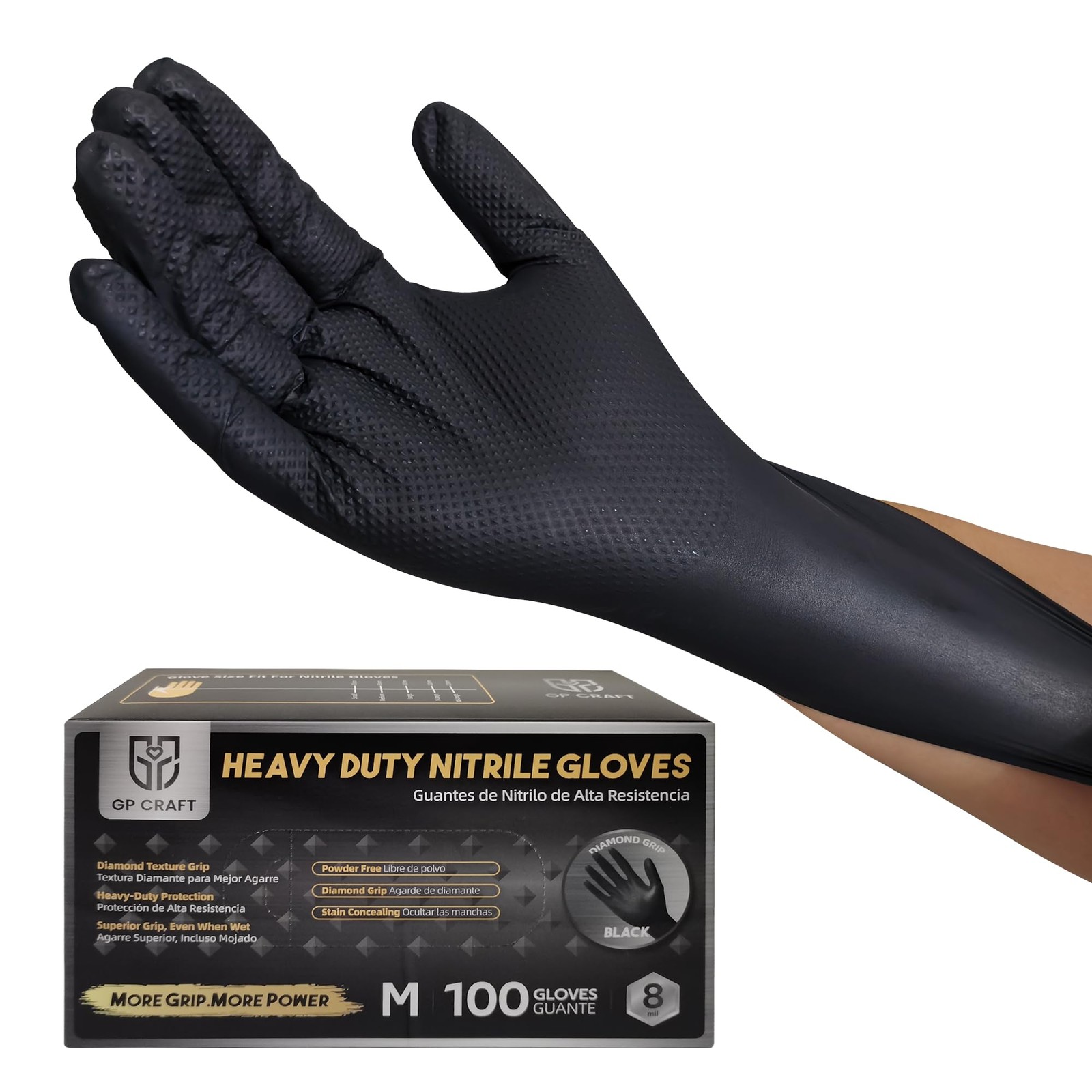 Heavy Duty Black Diamond Grip 8mil Nitrile Gloves – Industrial Grade, Punctur…