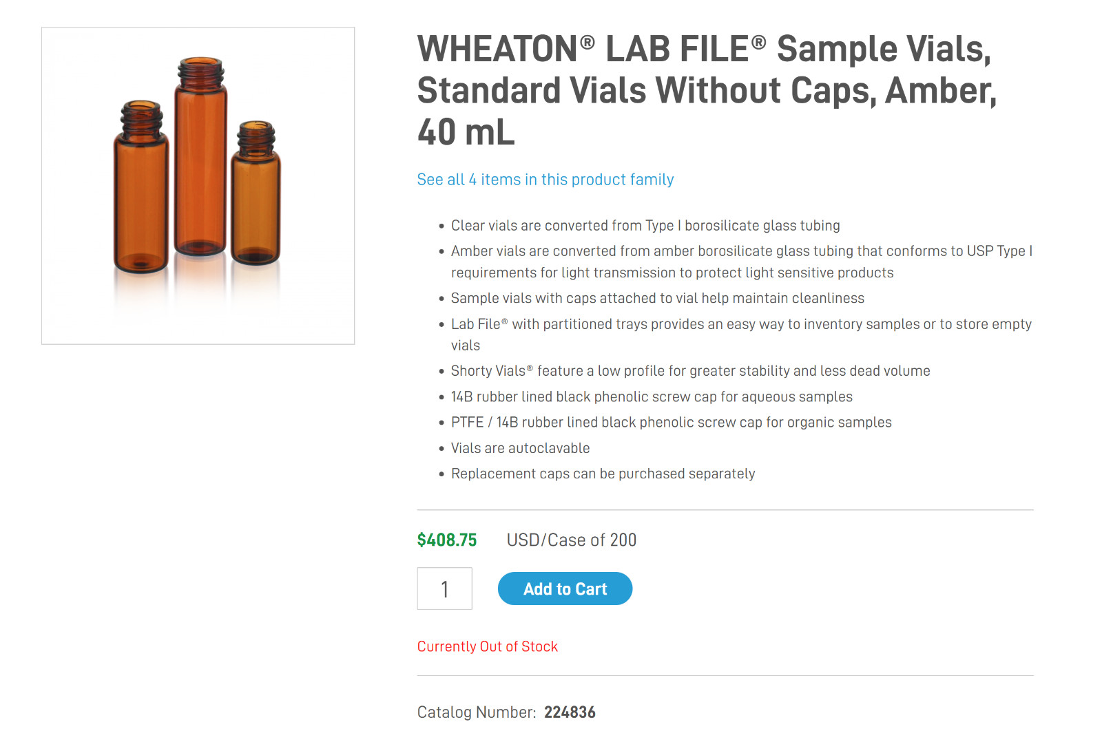 DWK DURAN WHEATON KIMBLE 40mL Amber Vials P/N 224836 100 pcs