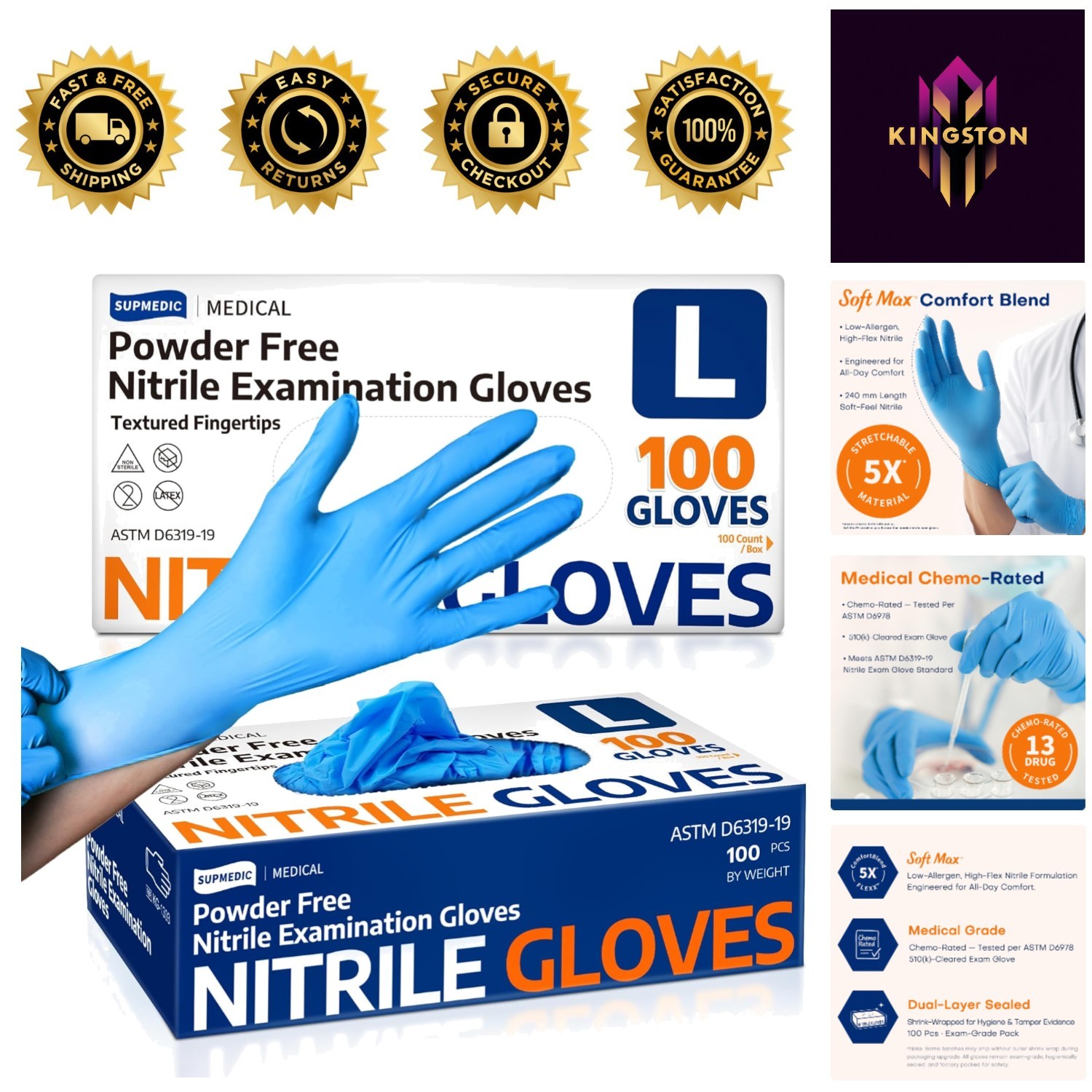 Comfort Fit Blue Nitrile Gloves, 100 Pack – Medical/ Food Safe & Dexterous