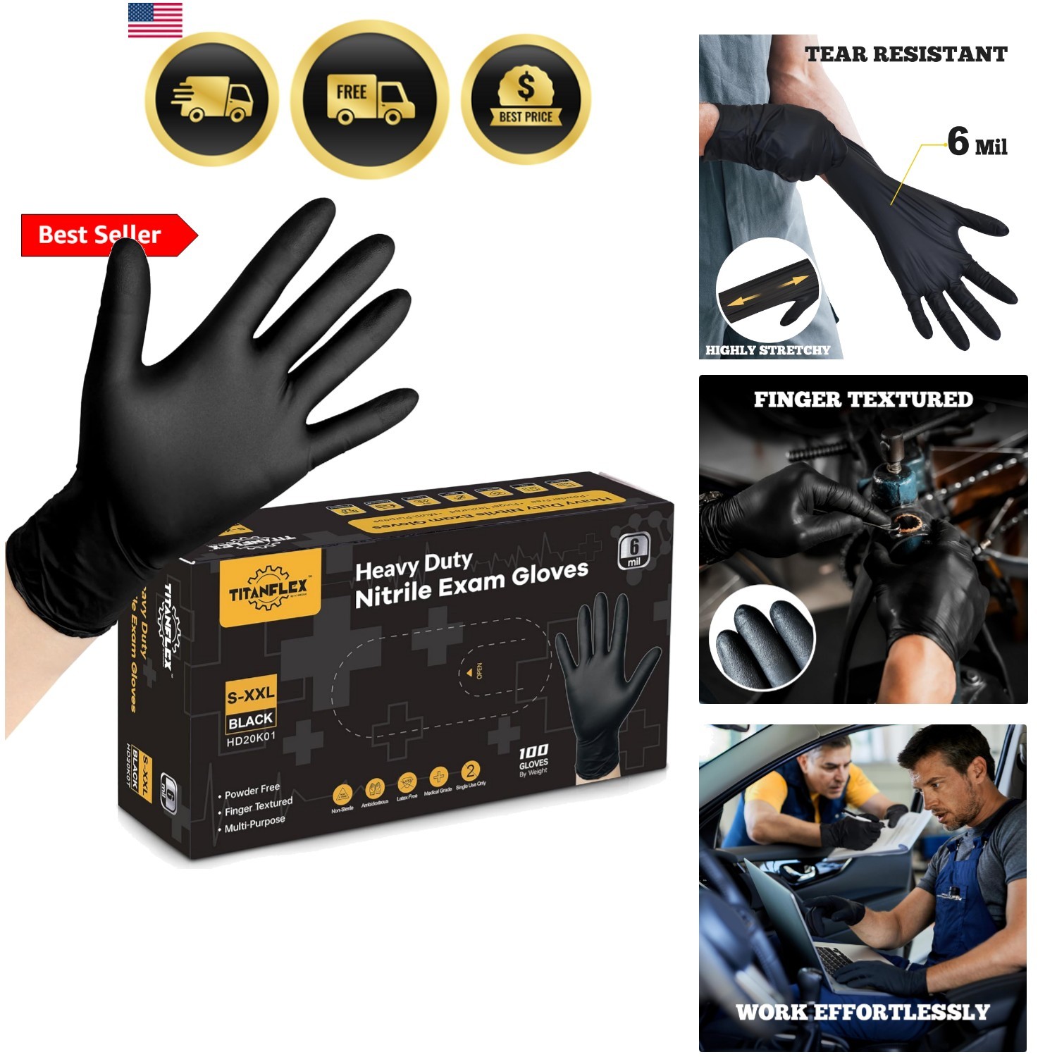 Disposable Nitrile Exam Gloves, 6-mil, Black, Heavy Duty, Latex Free, Food Sa…