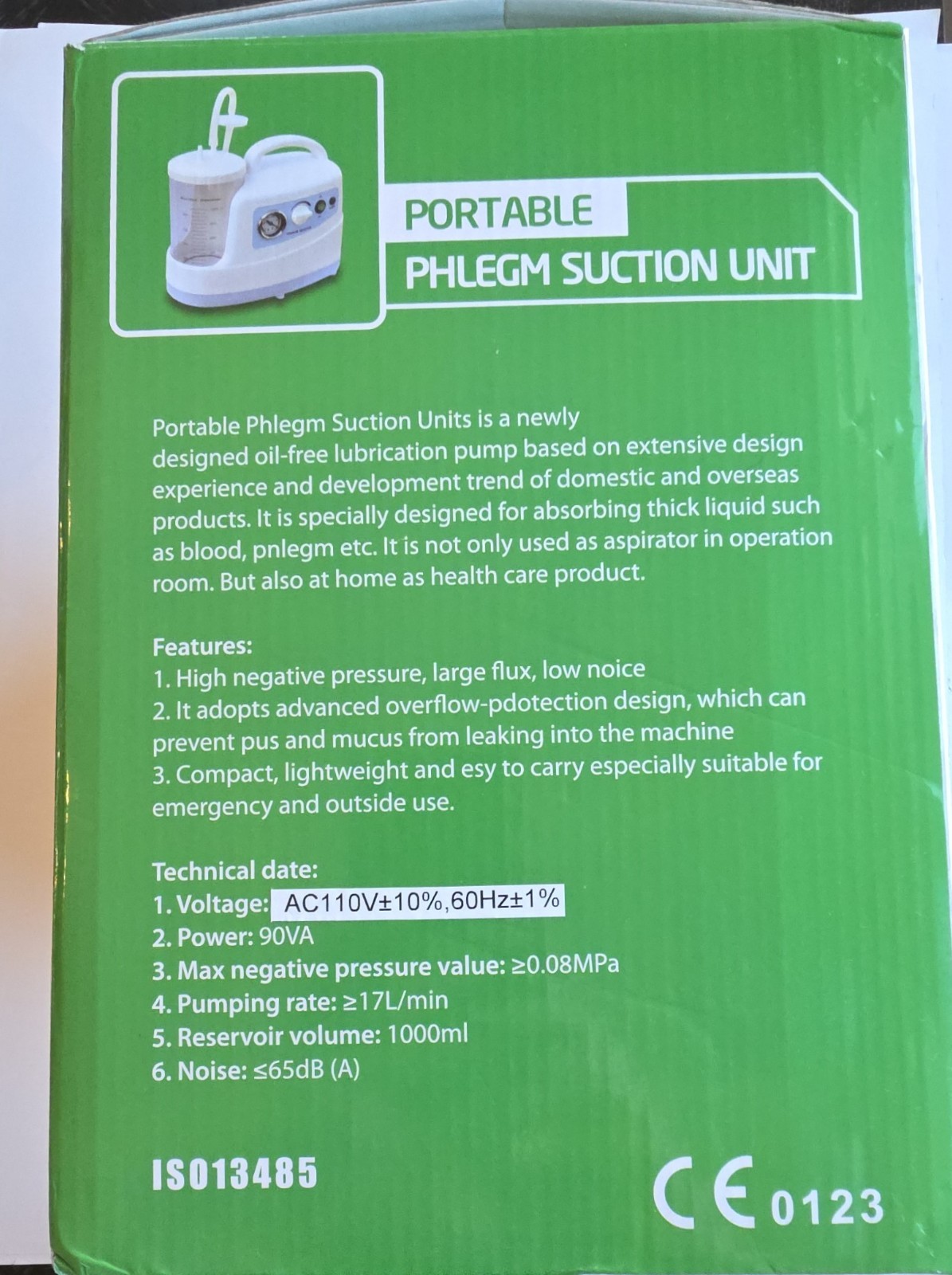 Portable Phlegm Suction Unit – ≥ 17L / min – HG-HJYJ-5263-US-1 –