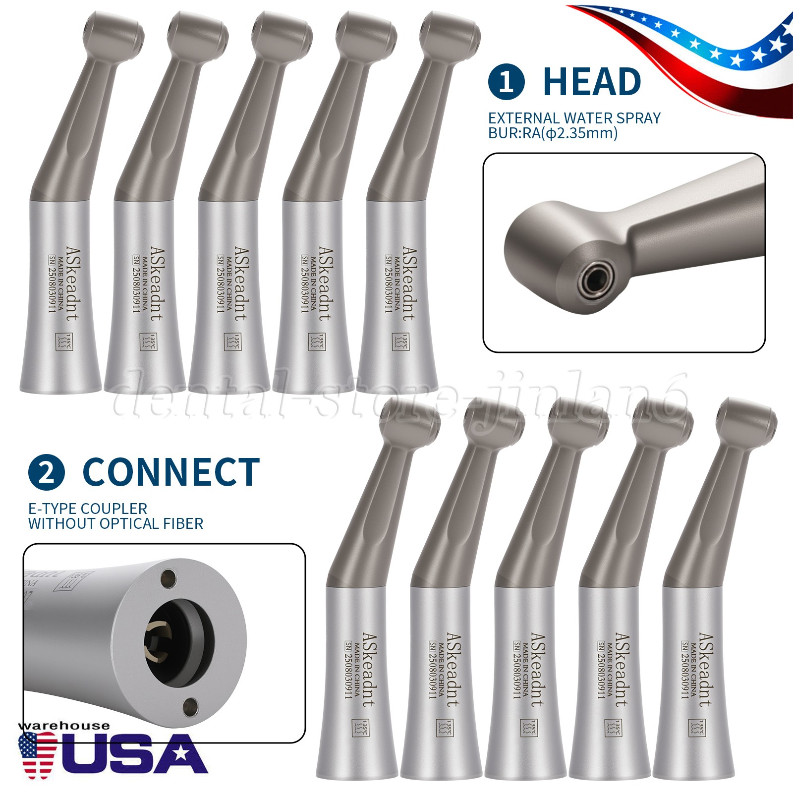 ASkeadnt Dental 1:1 Slow Low Speed Contra Angle Handpiece Push Button E-Type