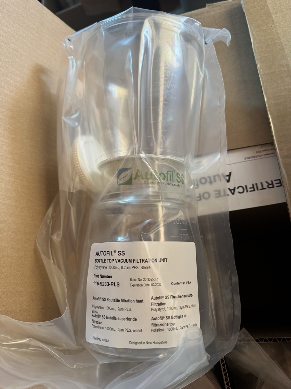 1 Case Autofil SS 1000mL Rapid Flow Bottle Top Filter 0.22μm Sterile 12pcs