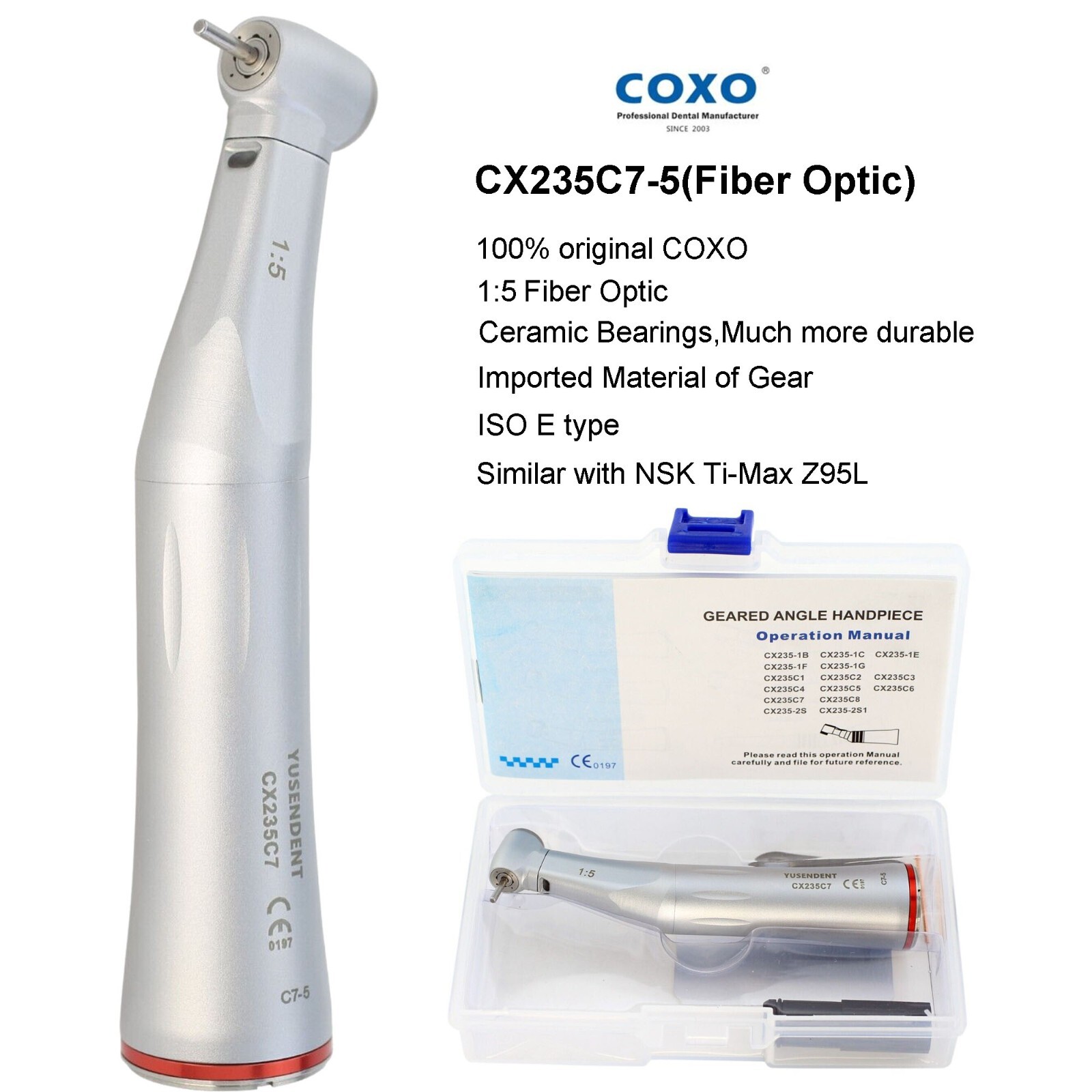 COXO Dental Electric Handpiece High Speed 1:5 Contra Angle C7-5 NSK Ti-Max Z95L