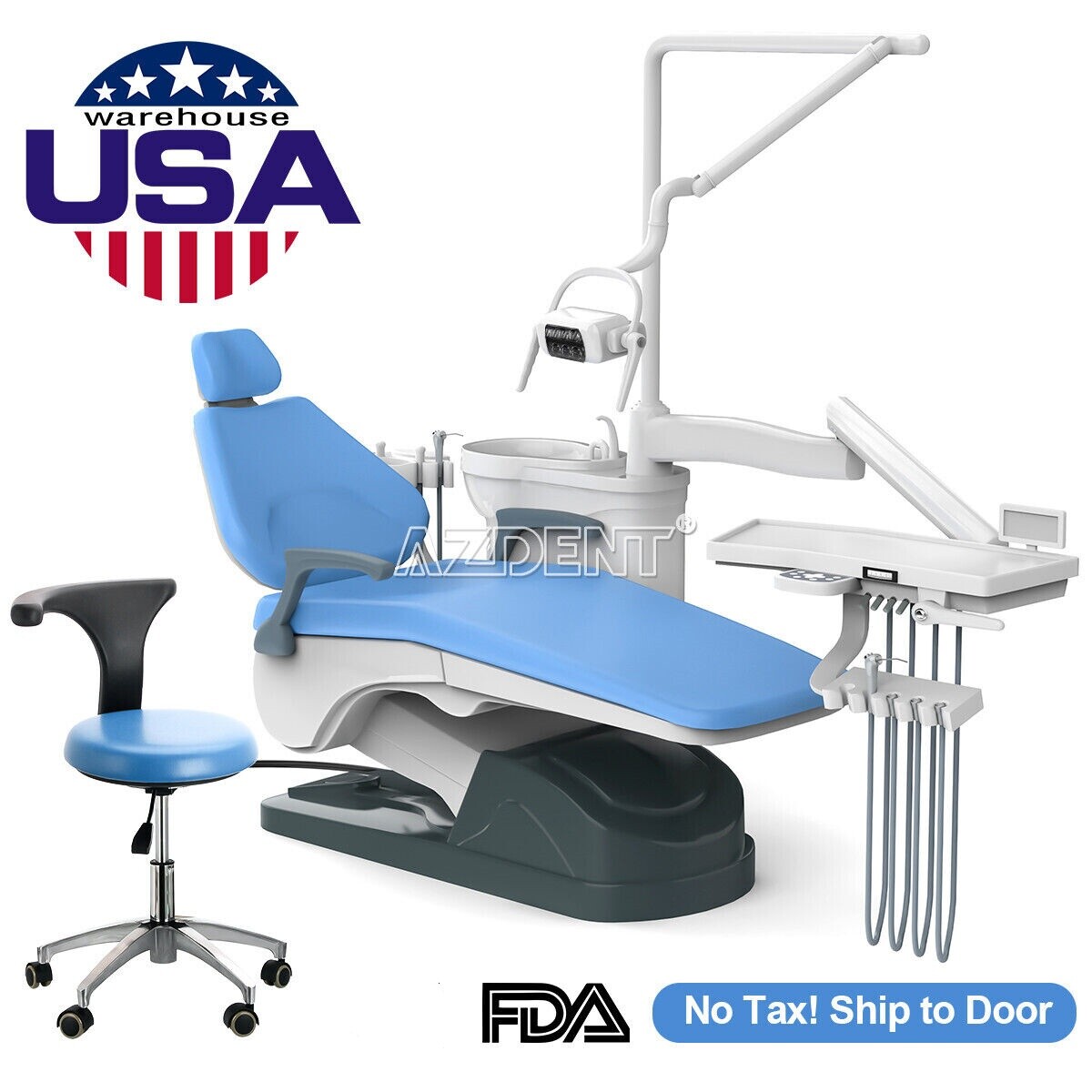 FDA Dental Unit Chair Computer Controlled DC Motor PU Hard Leather Sky Blue
