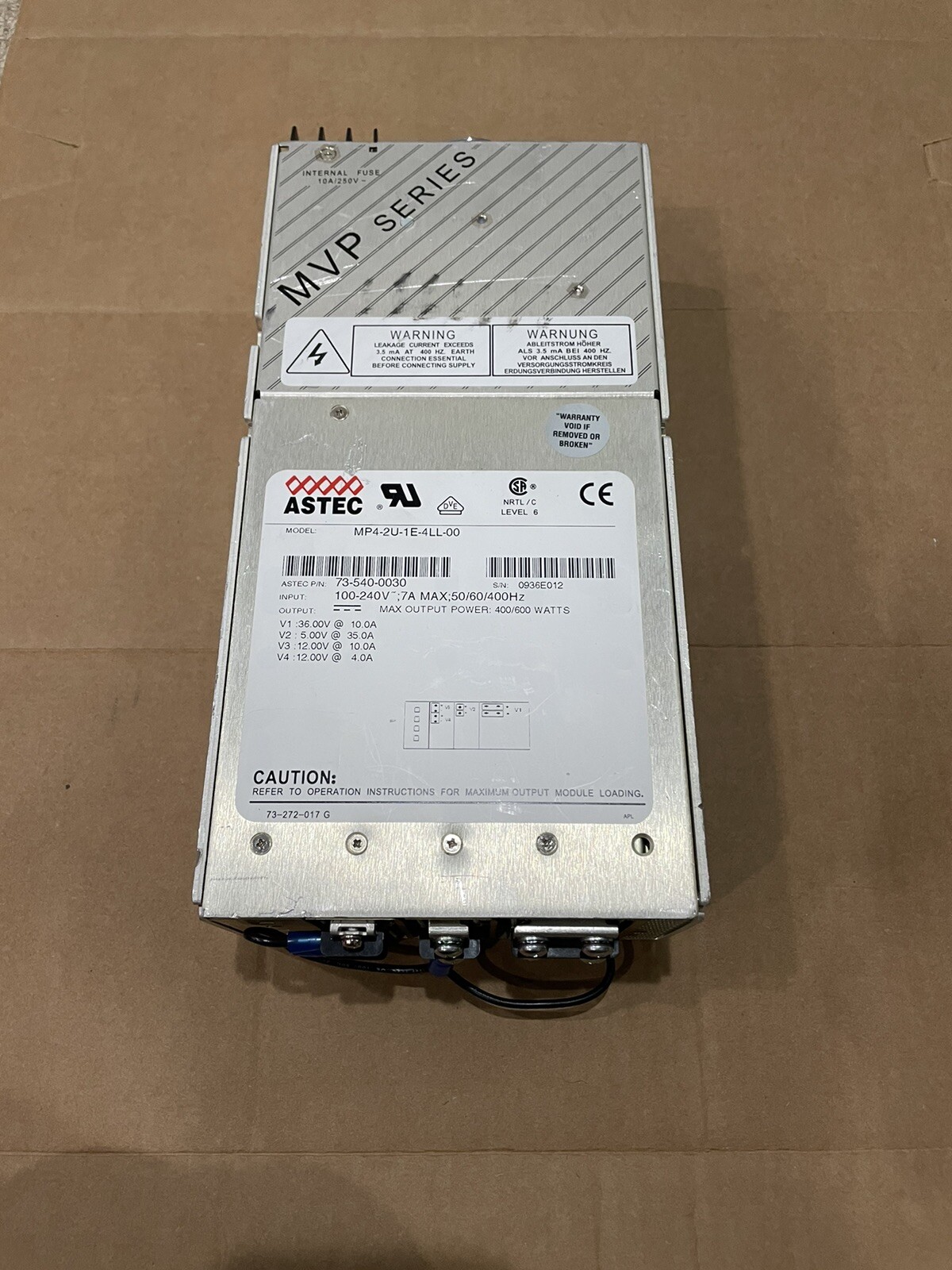 ASTEC 400 WATTS 12V 4A 10A MP4-2U-1E-4LL-00 POWER SUPPLY MVP SERIES 73-540-0030