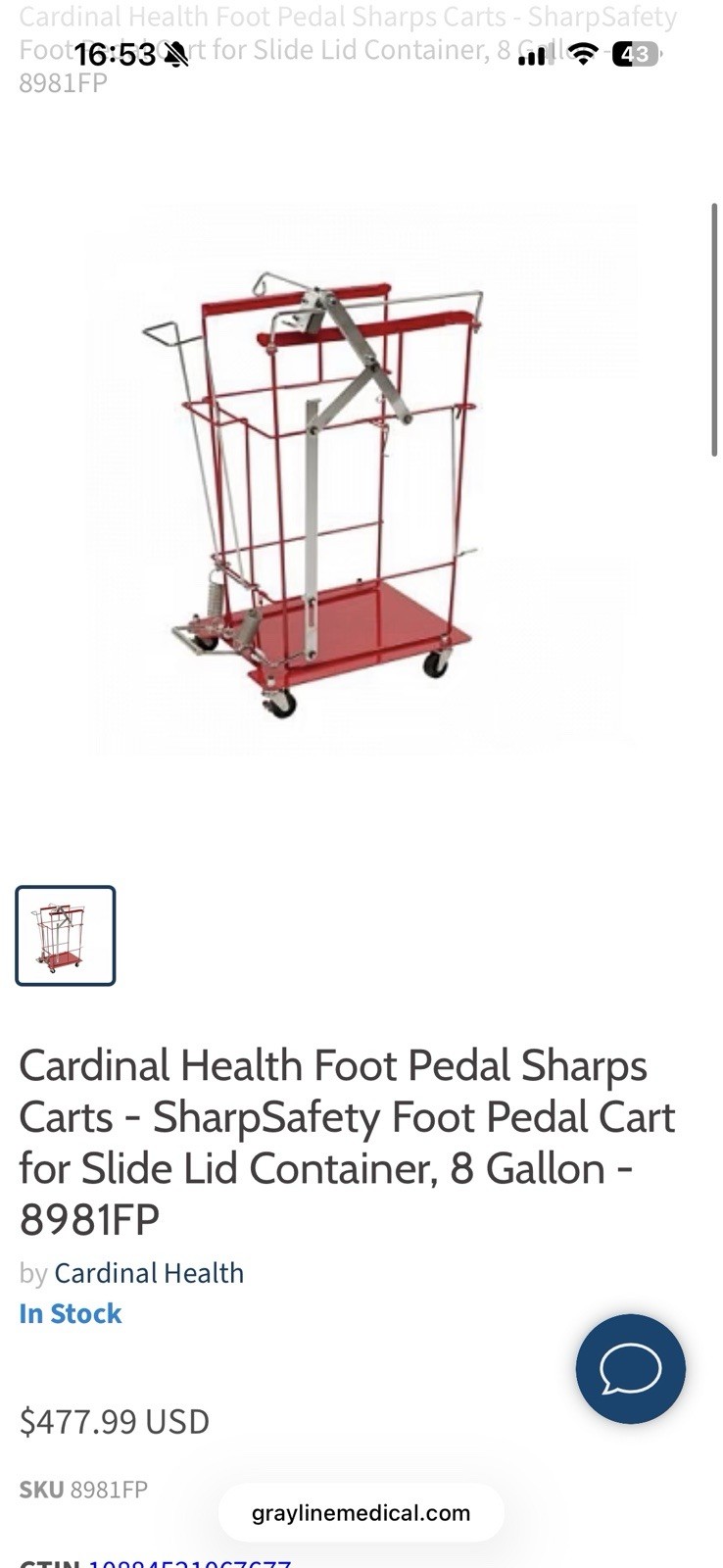 Cardinal Health Monoject Foot Pedal Cart Locking Wheels Slide Lid 8981FP