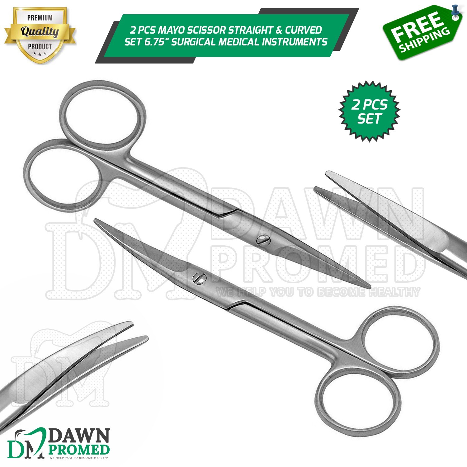 2 Pcs Mayo Scissor Straight & curved Set 6.75″ Surgical Medical Instruments