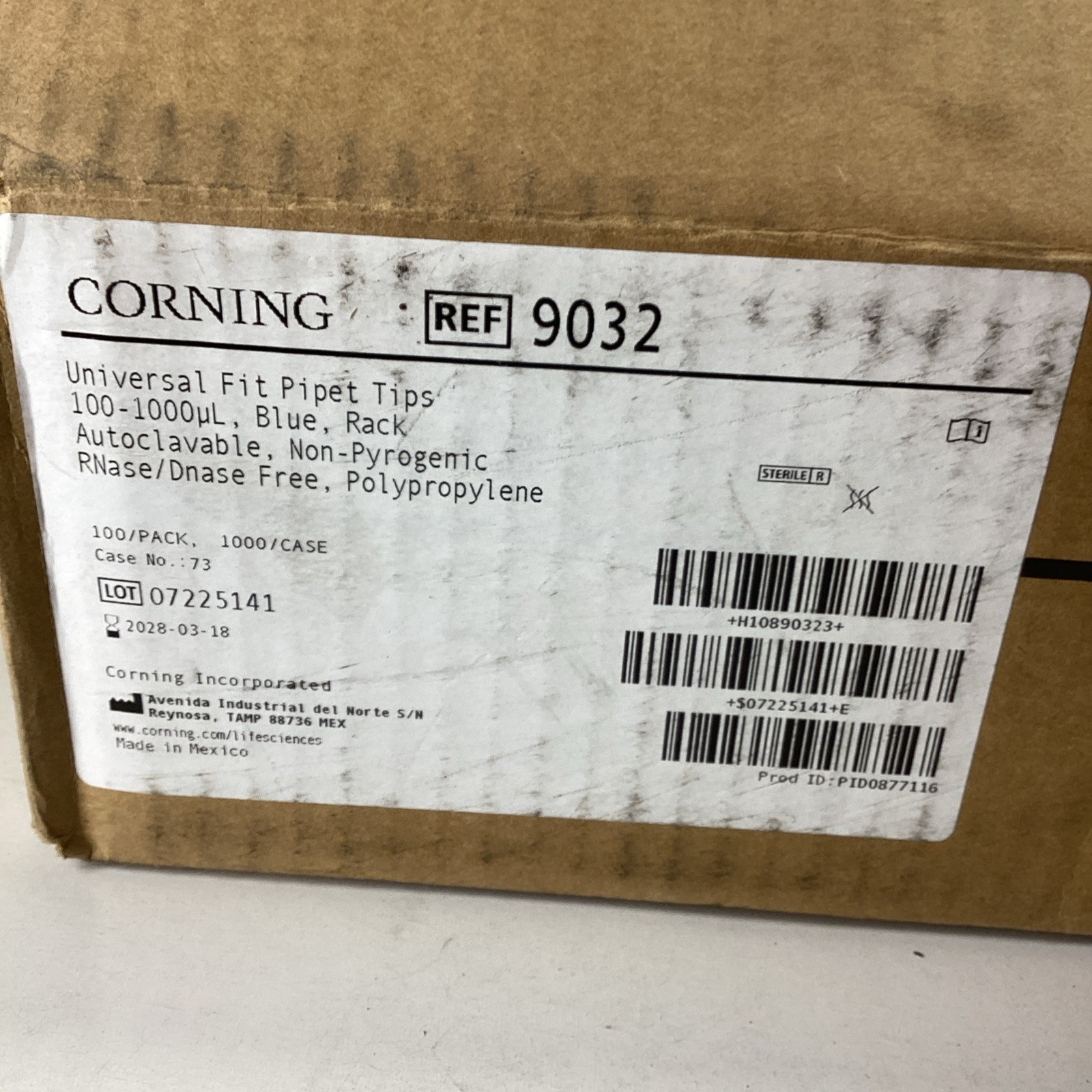 CORNING 9032 100-1000uL Universal Fit Pipet Tips 10x 100/Rack Blue Exp 03/2028