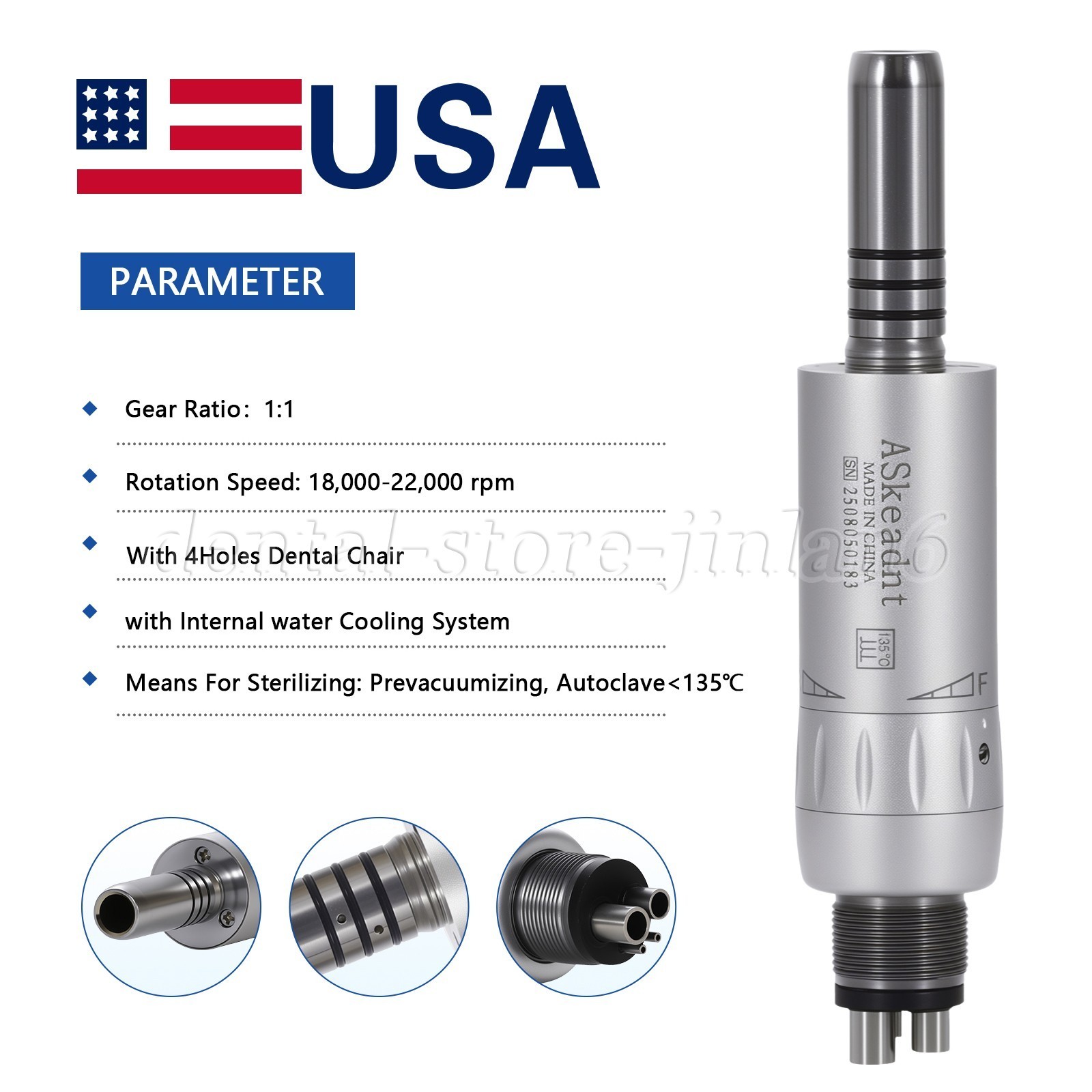 ASkeadnt Dental Inner Channel Slow Low Speed Air Motor Handpiece 4 Holes E-type
