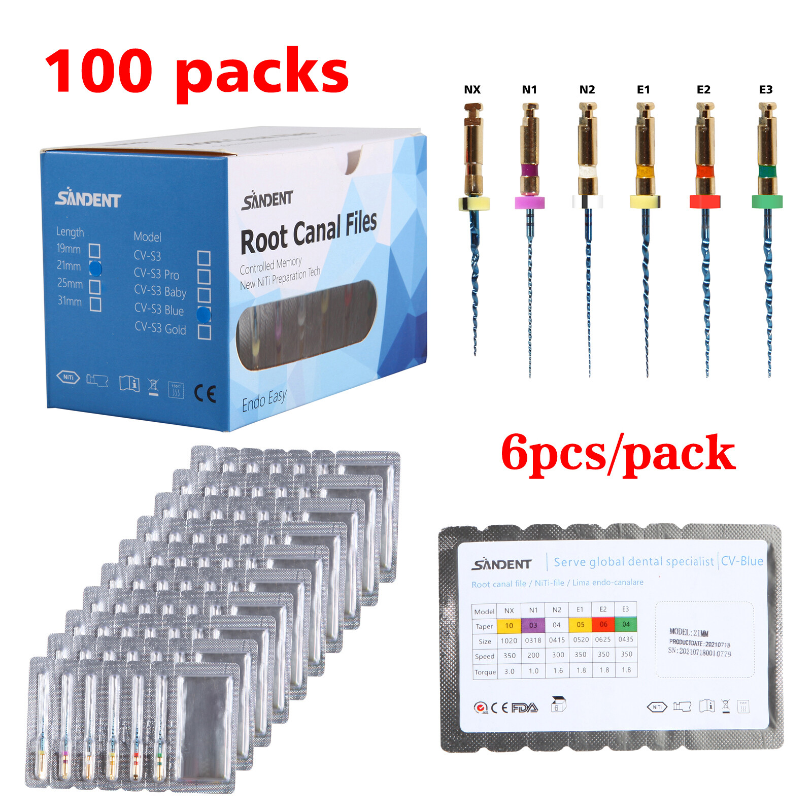 1-100Packs Dental Endo Rotary Files X-Pro Taper NITI Root Canal Files 21MM NEW
