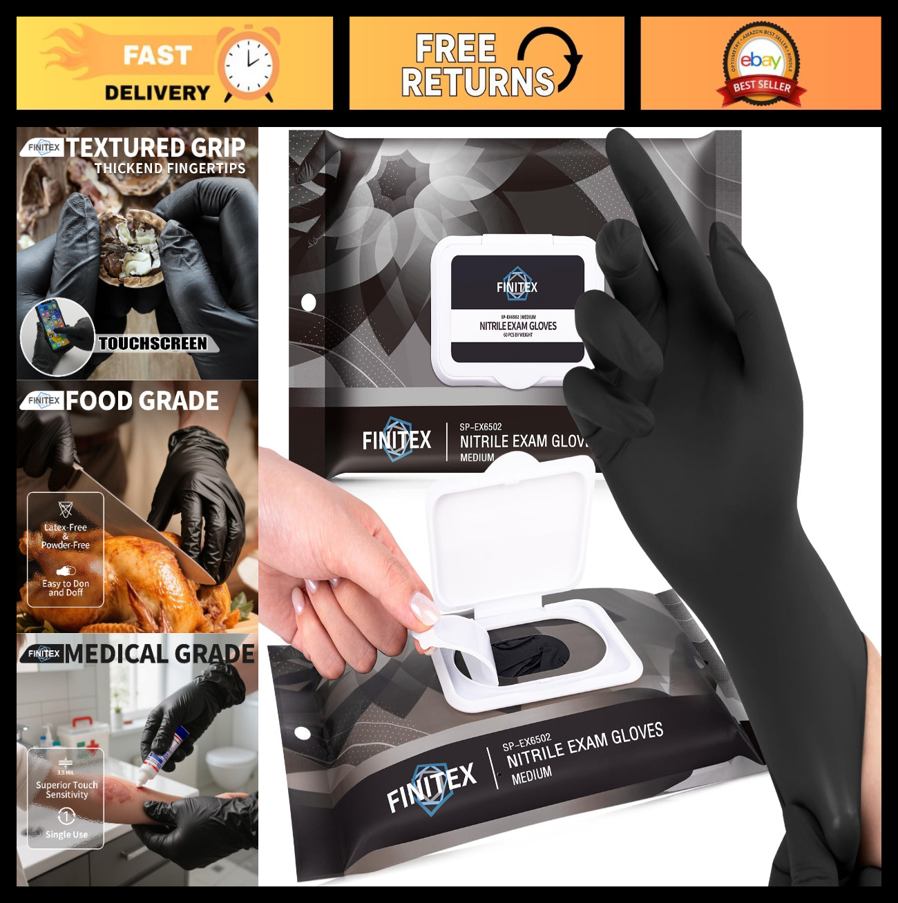 Nitrile Disposable Black Gloves – 3.5mil Powder-Free, Latex-Free, Food Prep & Cl