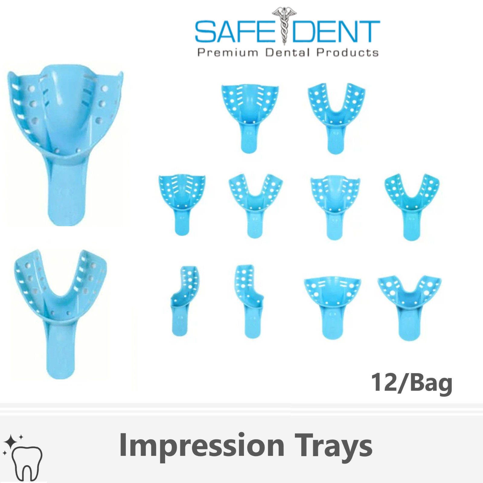 12Pcs Dental Impression Trays Perforated Plastic Denture trays Upper/Lower L/M/S