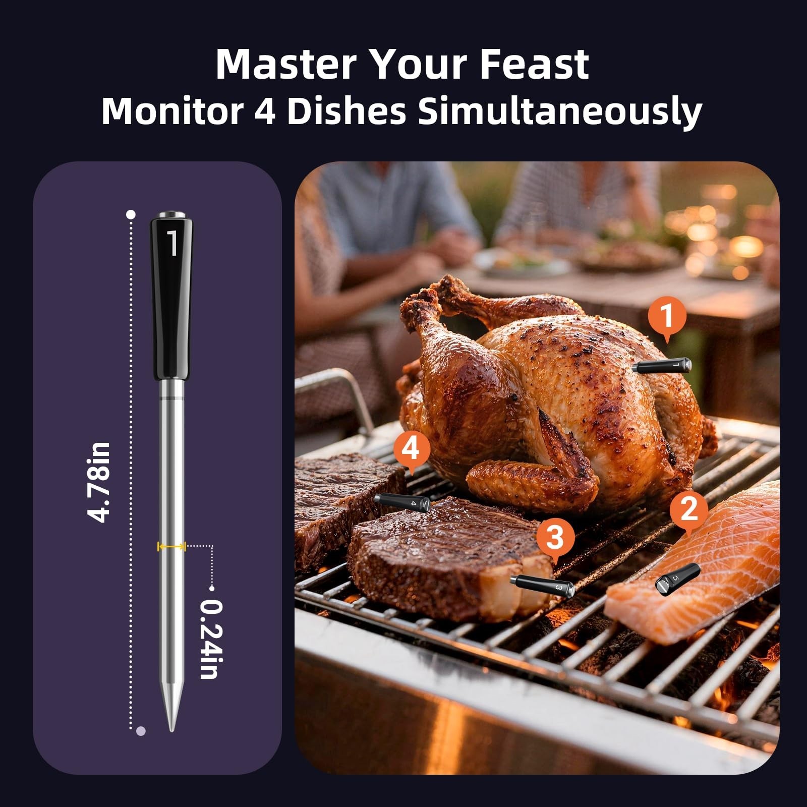 Wireless Meat Thermometer Digital with 4 Probes & IP67 Waterproof，2 Senso