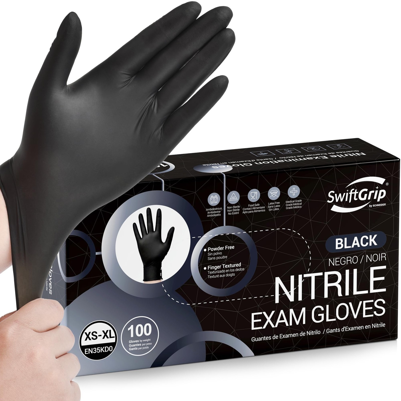 SwiftGrip Black Nitrile Gloves, Powder Free, 100~ct, XS
