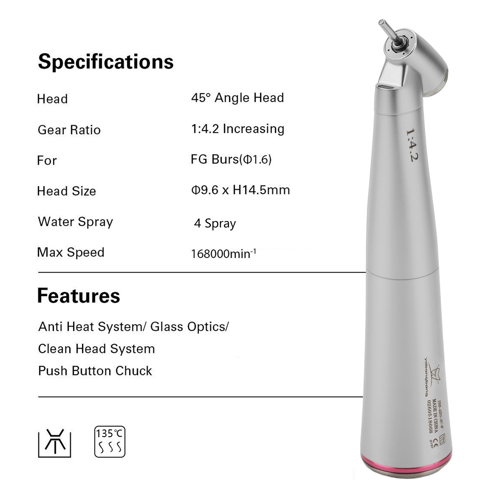 Dental Optic Fiber LED 1:4.2 Increasing Handpiece 45°Angle Head External Channel