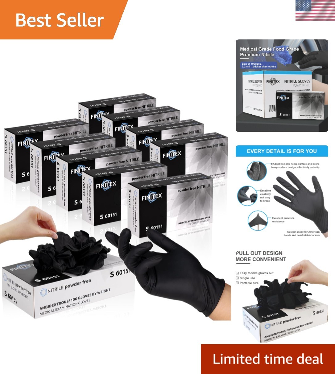 Black Nitrile Disposable Exam Gloves – Powder-Free, 3mil, Size Small [1000 Pack]