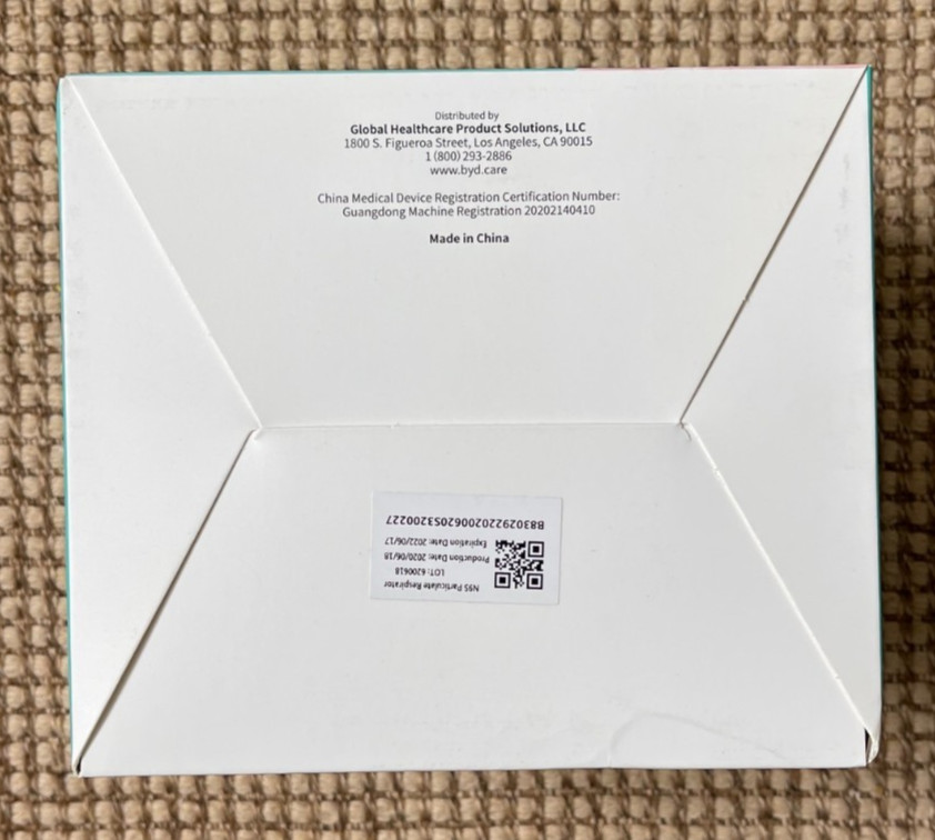 FACE MASK N95 / BYD CARE- TOTAL 960 MASKS (48 BOXES PER CASE- 20 MASK PER BOX)