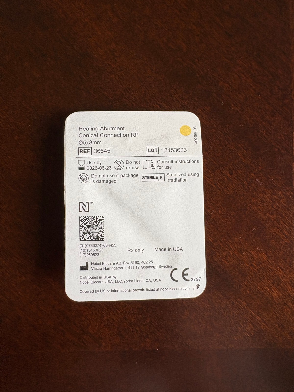 Nobel Biocare Cover Screw Conical Connection RP 5x3mm REF36645