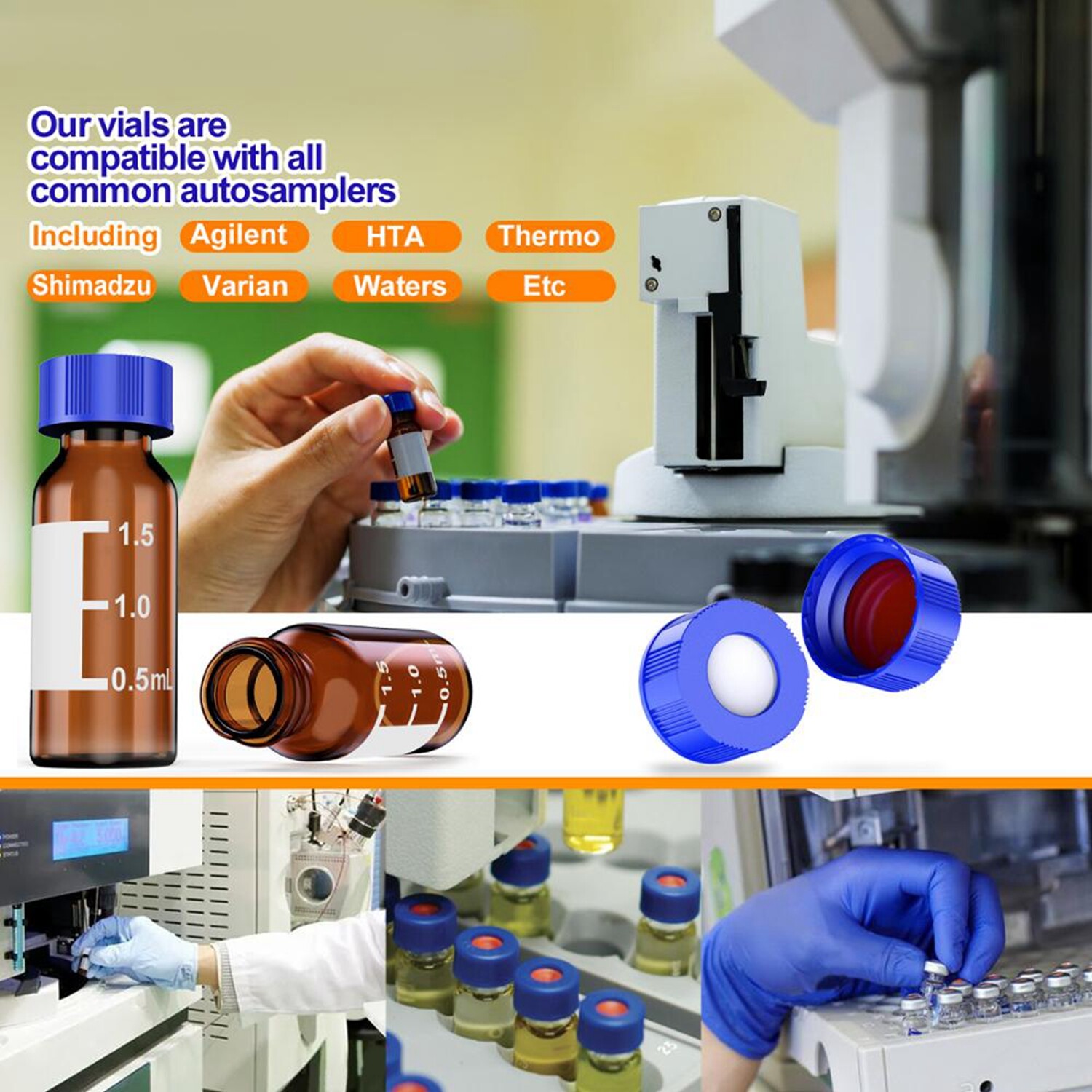 4000pcs HPLC Autosampler Amber 2mL Glass Vials 9mm Screw Caps Lab Smple Bottles