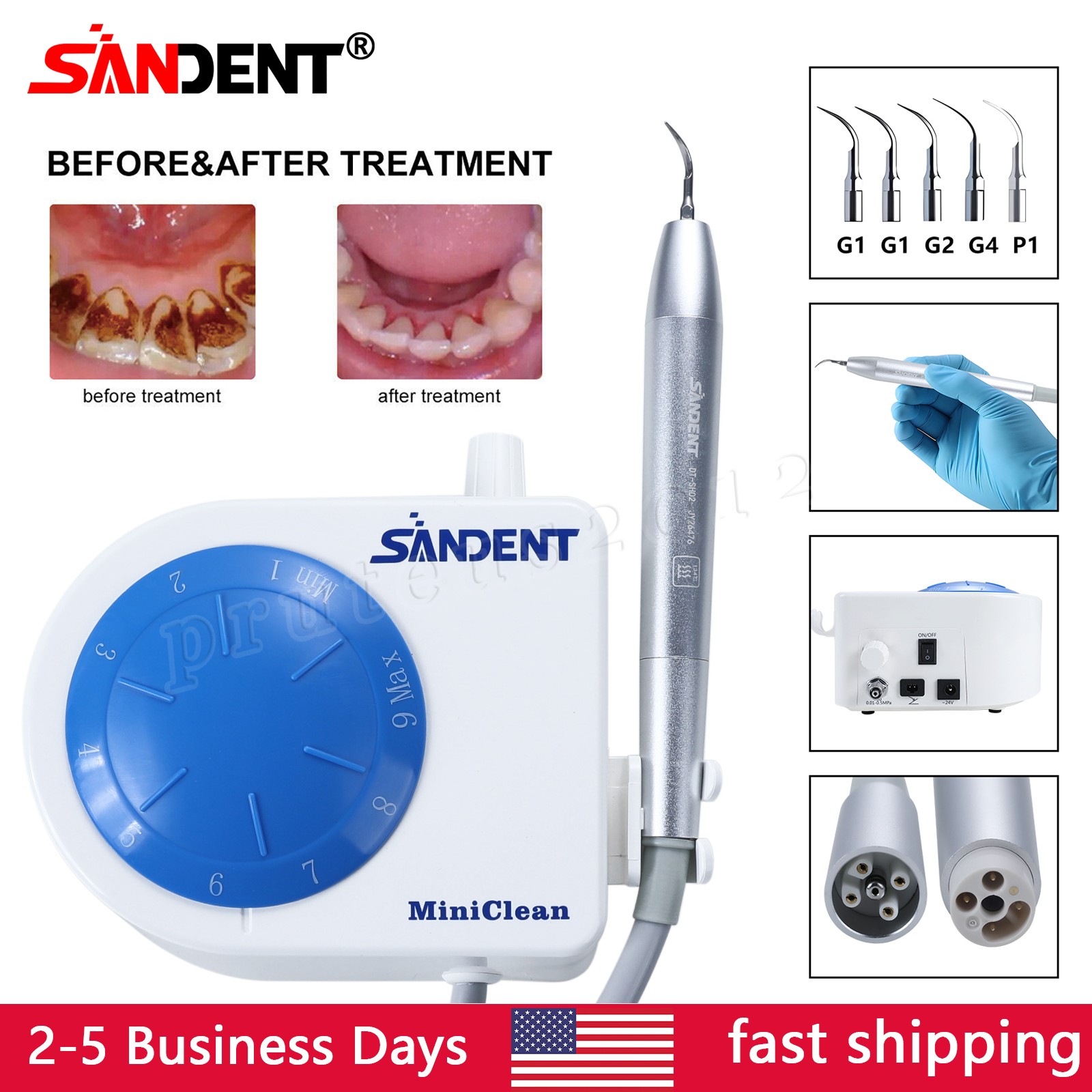 Dental LED MINI Ultrasonic Scaler with 5 Tips Fit EMS WOODPECKER 110V US Plug