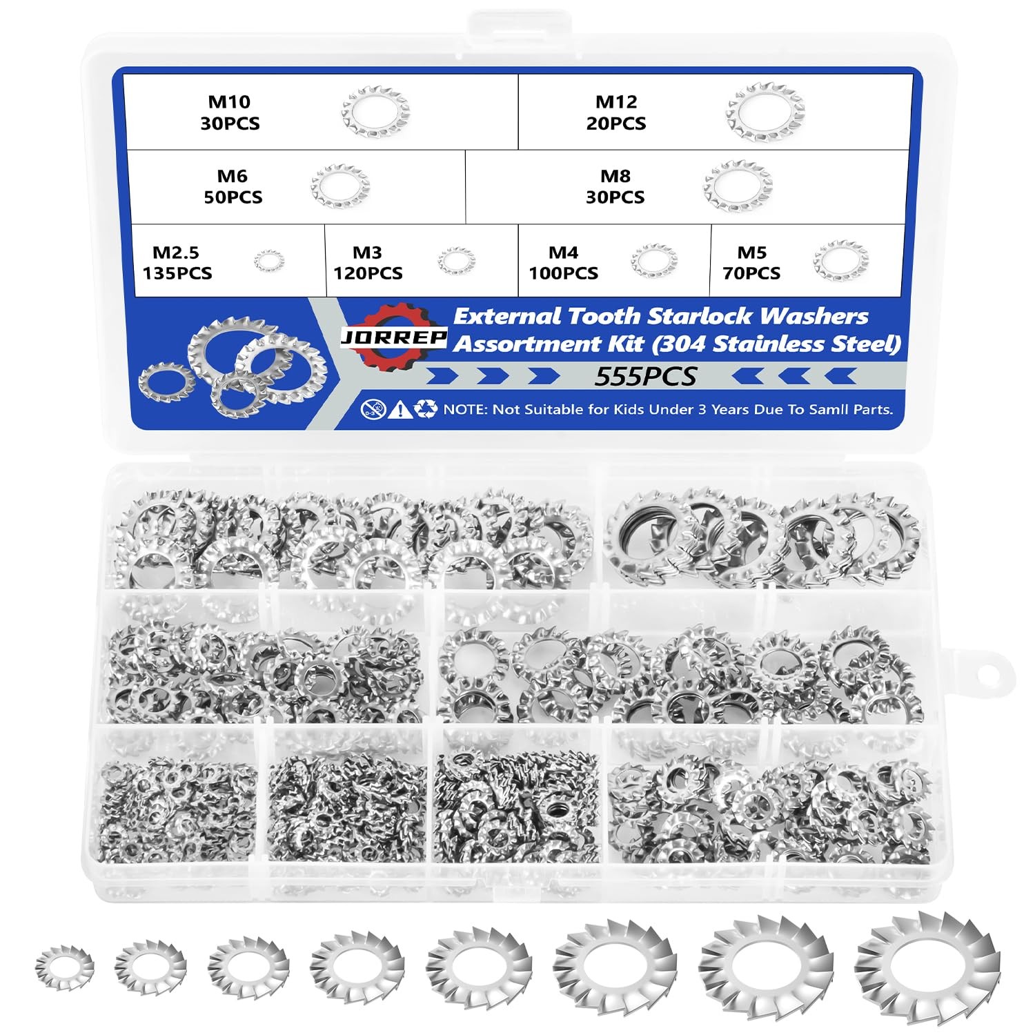 555PCS 304 Stainless M2.5/M3/M4/M5/M6/M8/M10, External Tooth Washers-Silver