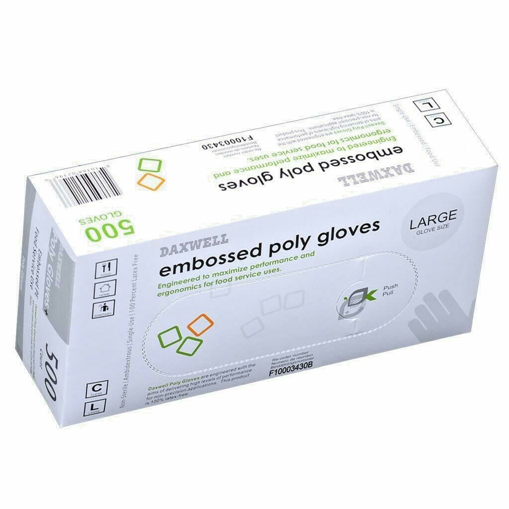 Daxwell Poly Gloves Disposable Clear Embossed Large (Box of 500) POWDER FREE