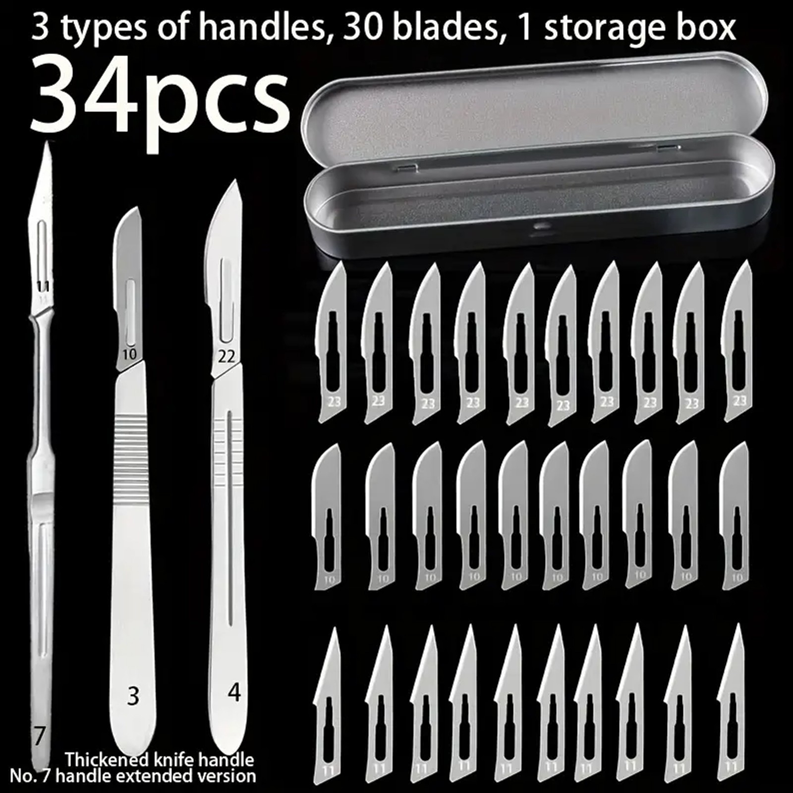 SET OF 34/44 STERILE SURGICAL BLADES #10 #11 #23 + 3 THICK HANDLES & STORAGE BOX