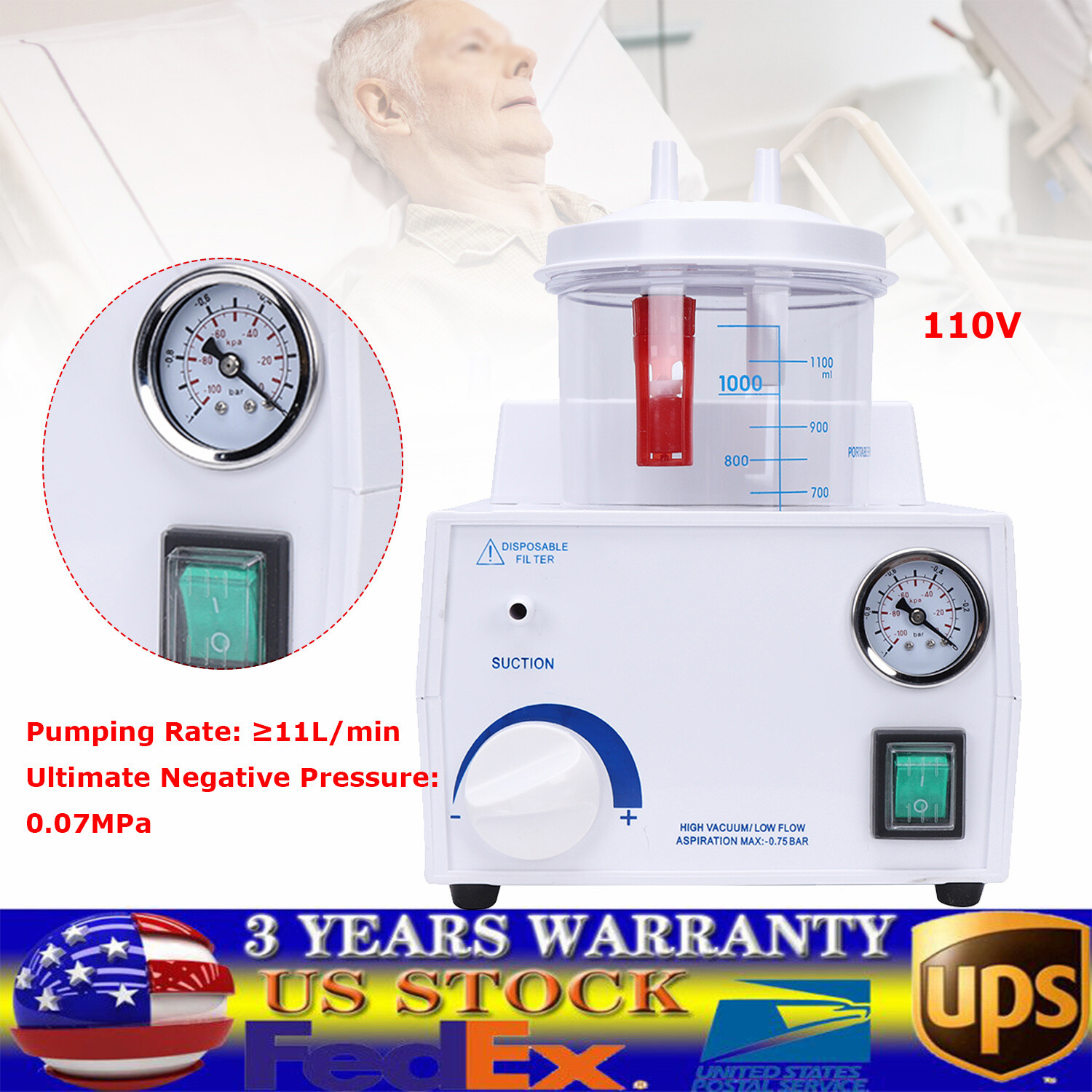 Vacuum Phlegm Quiet Suction Unit Portable Medical Emergency Aspirator Machine