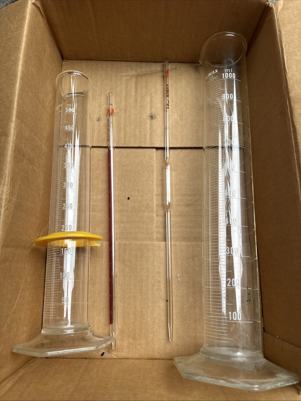KIMAX Glass Lot Of 4 1000mL 500ml And 2 Small. Cylinder 20°C TD No 20024