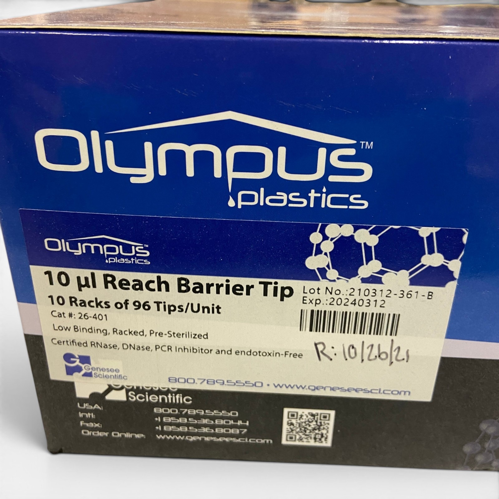 Genesee Scientific Olympus Plastics 26-401 10uL Reach Barrier Pipette Tips, 960