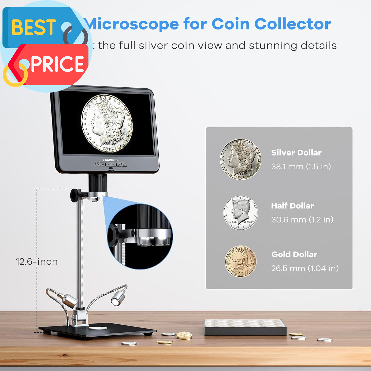 LM210 10.1” LCD Coin Digital Microscope Full View for Error Coins, Soldering Mi