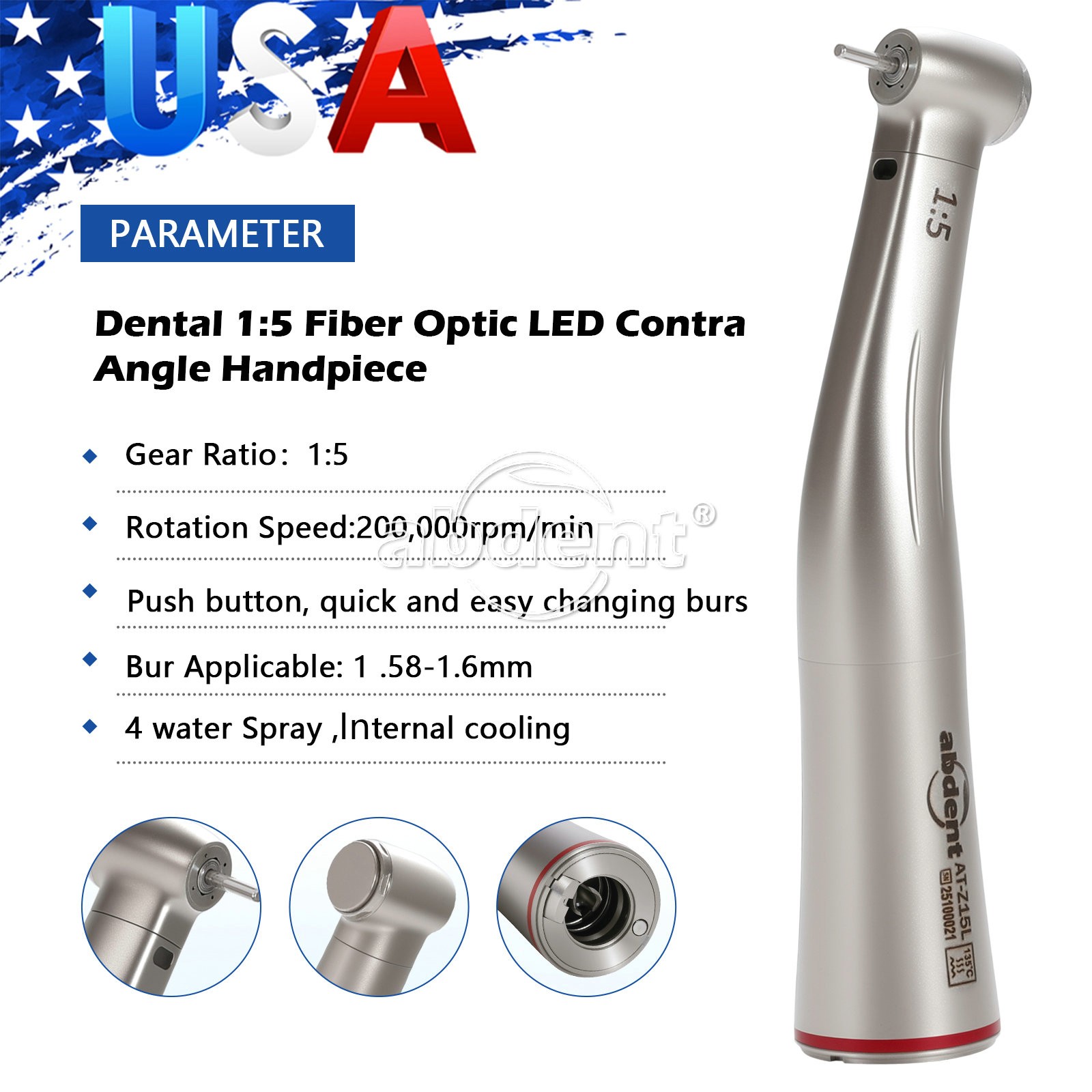 1:5 Increasing Fiber Optic Contra Angle Handpiece Push Button Abdent Dental NEW