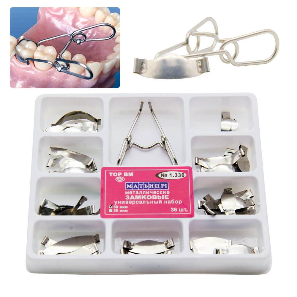 Dental Saddle Contoured Metal Matrices Matrix 36PCS with Springclip 50μm 1.330