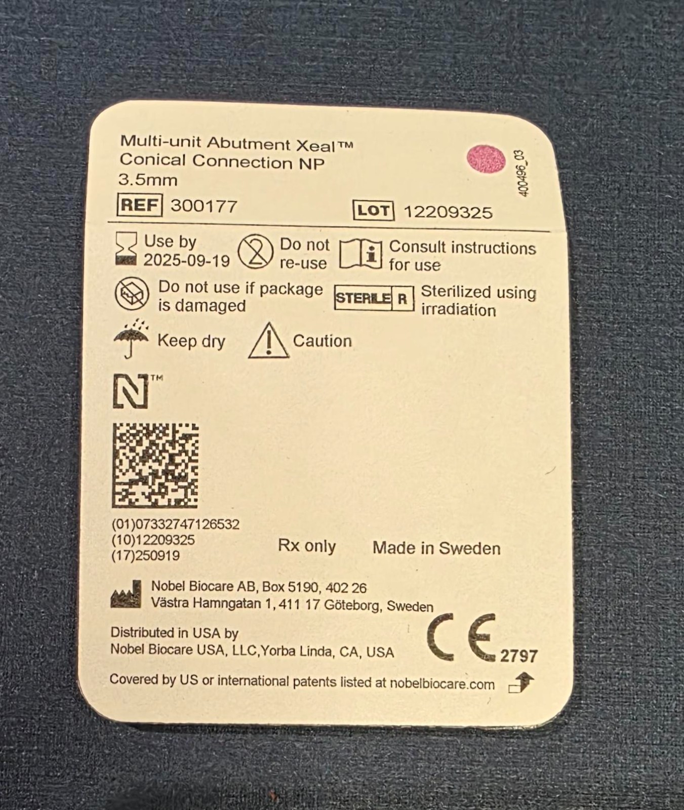 Nobel Biocare Multi-unit Abutment XealConical Connection NP 3.5 mm. REF: 300177