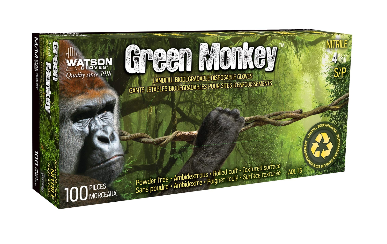 Watson Gloves Green Monkey Nitrile Textured Green Disposable Gloves 100pk Medium