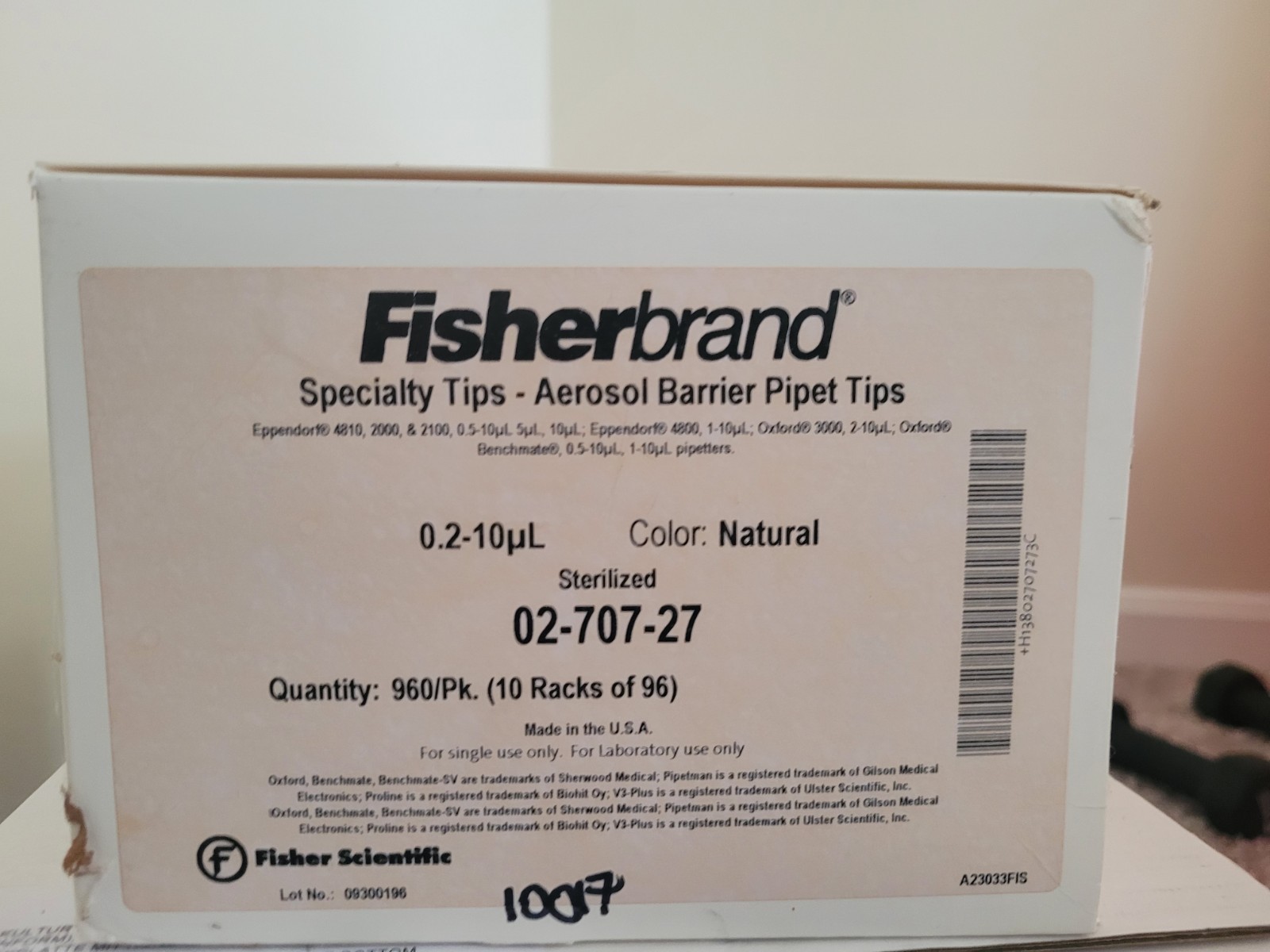 960/Pk FISHERBRAND 10uL Aerosol Barrier Pipette Tip 96/Rack 02-707-27 SureOne