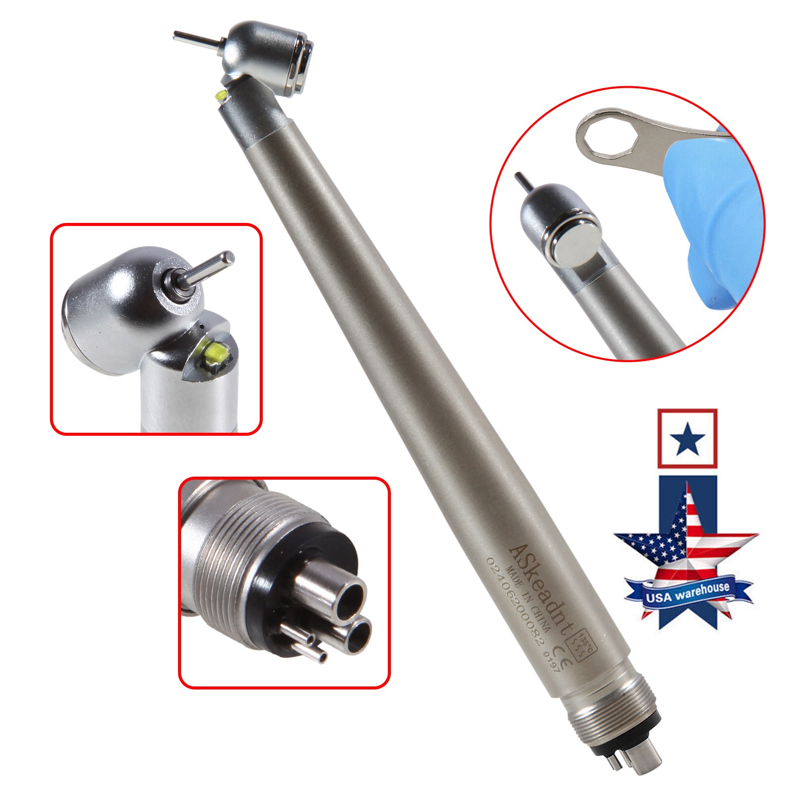 ASkeadnt Dental 45 Degree Surgical High Speed Handpiece Push Button LED 4 Holes