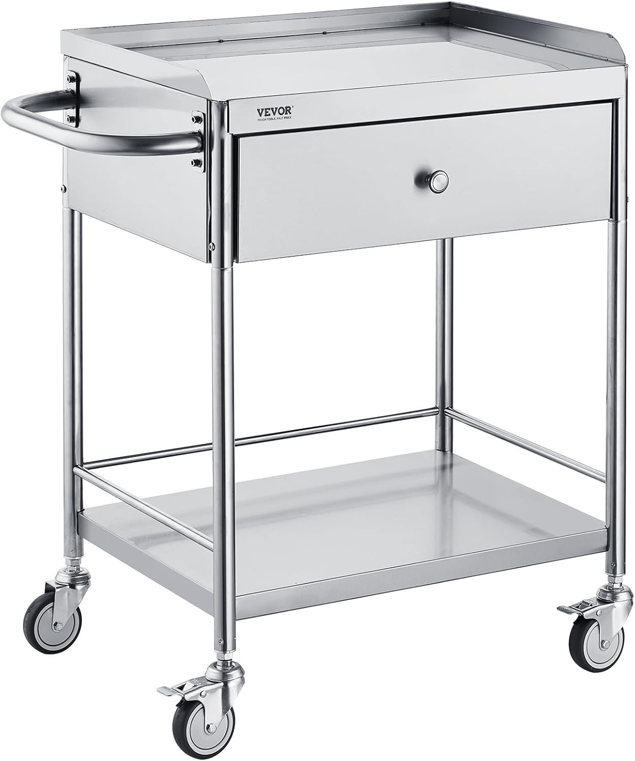 Versatile Stainless Steel Utility Cart – 2-Tier with Drawer and Locking Wheels