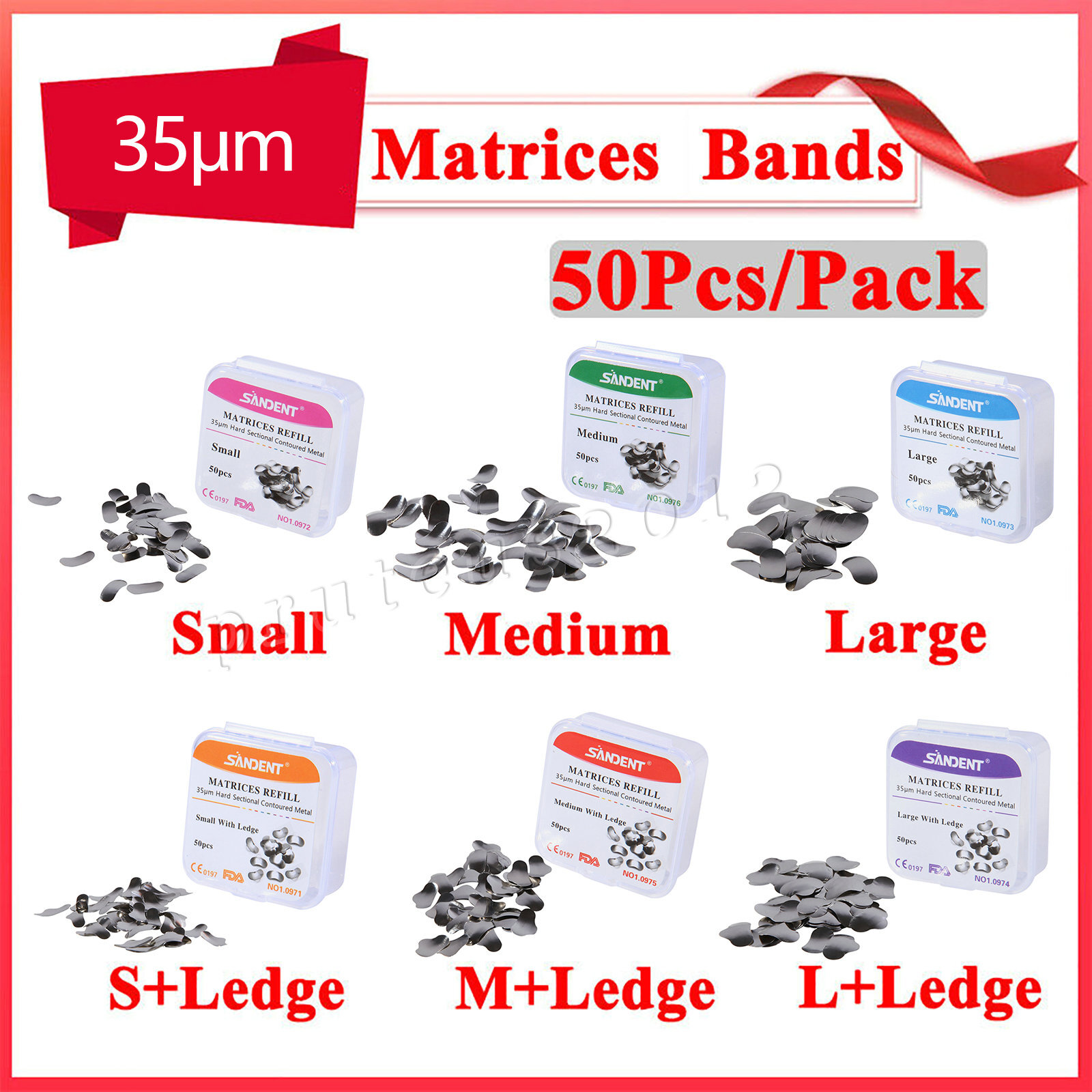 50Pcs Dental Matrix Sectional Contoured Metal Matrices Bands S/M/L 35μm FDA CE